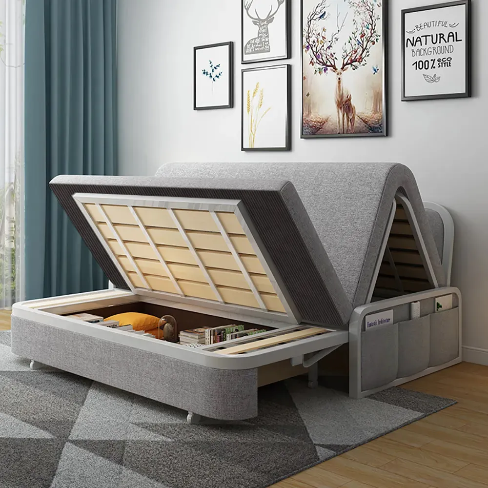 72" Modern Light Gray Cotton Linen Upholstered Convertible Sofa Bed with Storage