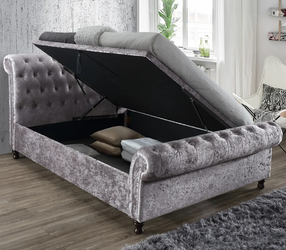 Castello Steel Fabric Ottoman Scroll Sleigh Bed - 4ft6 Double