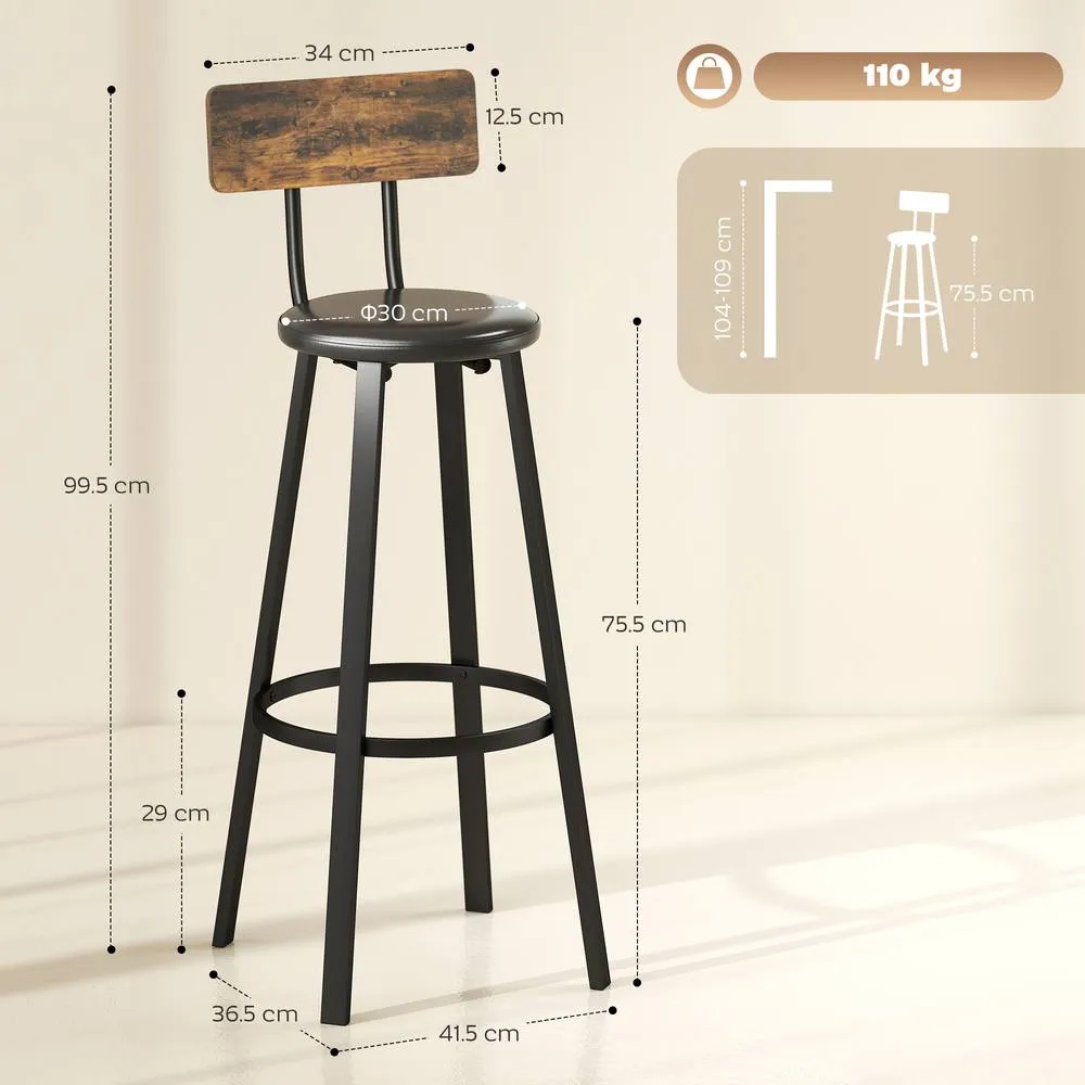 HOMCOM Barstools Set of 2 with Padded Seat Backrest Rustic Brown Black 3