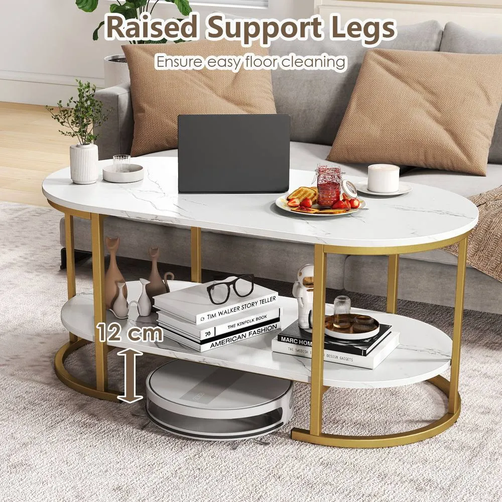 Costway Oval Coffee Table 2-Tier Living Room Center Table with Storage in White 5