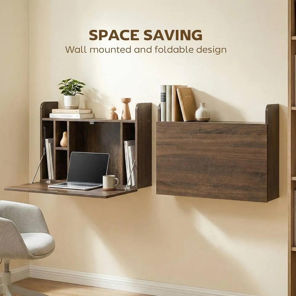 HOMCOM Wall Mounted Table w/ Space Saving Storage Compartments in Dark Brown 4
