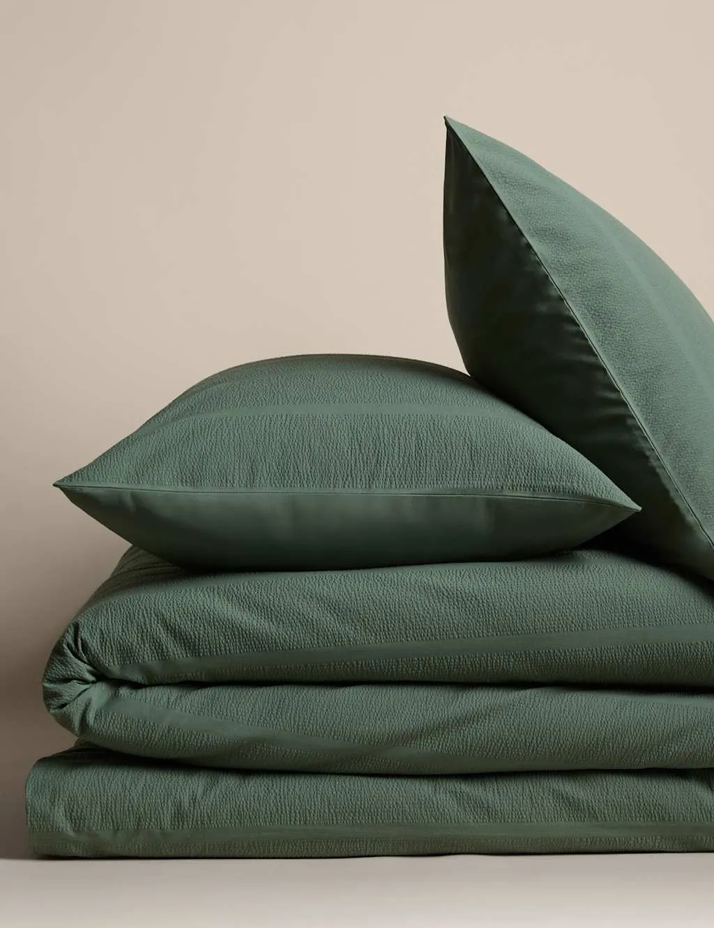 M&S Pure Cotton Striped Seersucker Bedding Set Smokey Green
