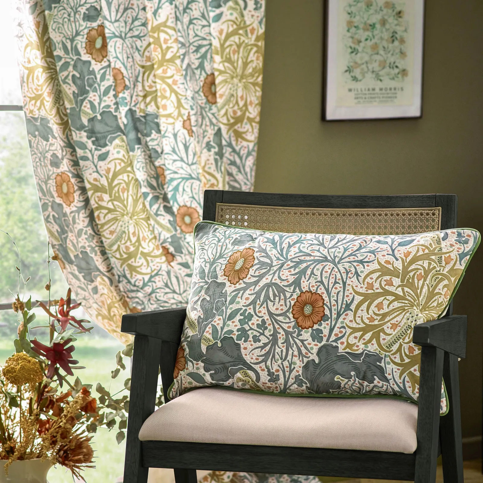Morris & Co Seaweed Printed Velvet Room Darkening Pencil Pleat Curtains in Stone 4