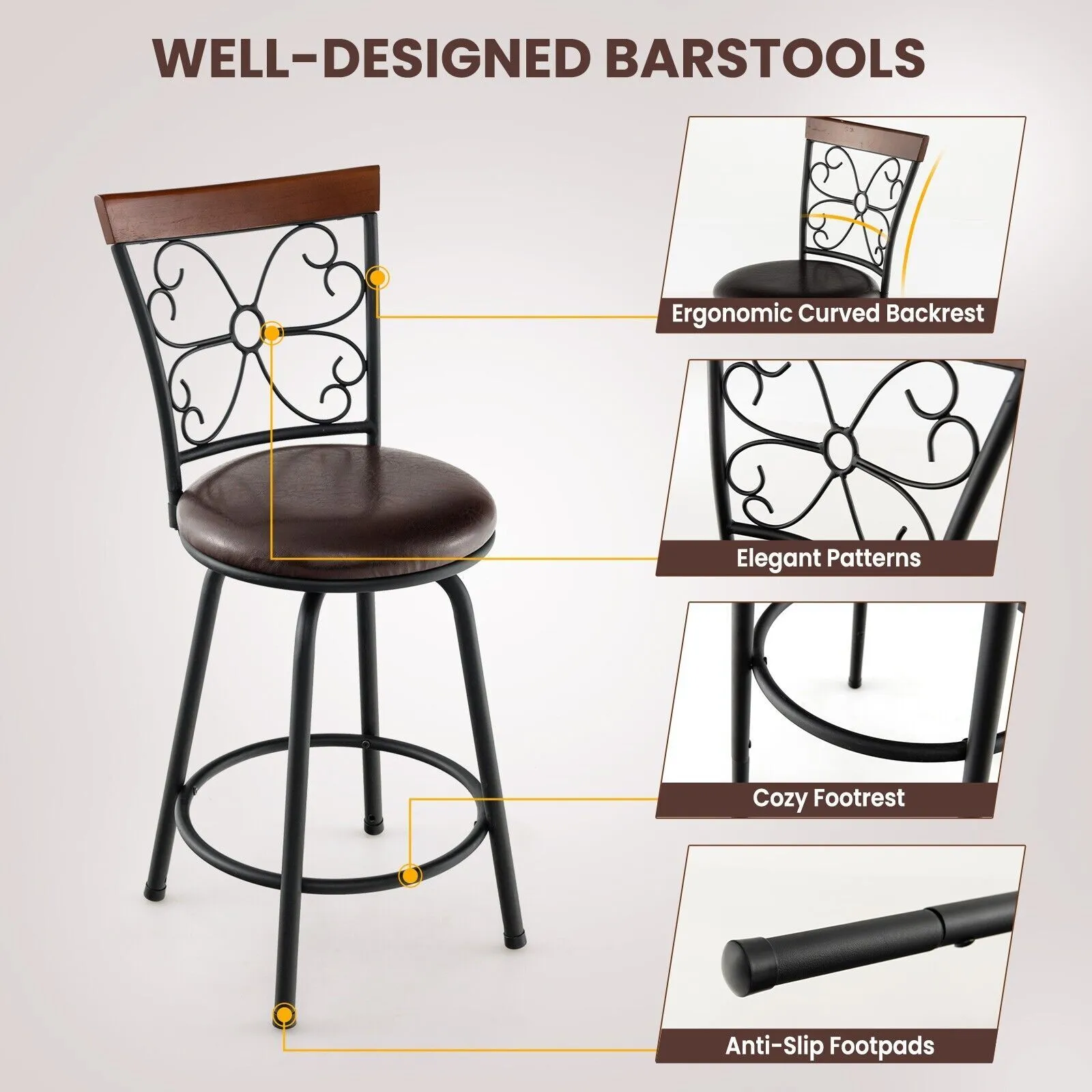 Costway Set of 2 Bar Stool Adjustable Height Swivel Kitchen Dining Chair in Brown 6