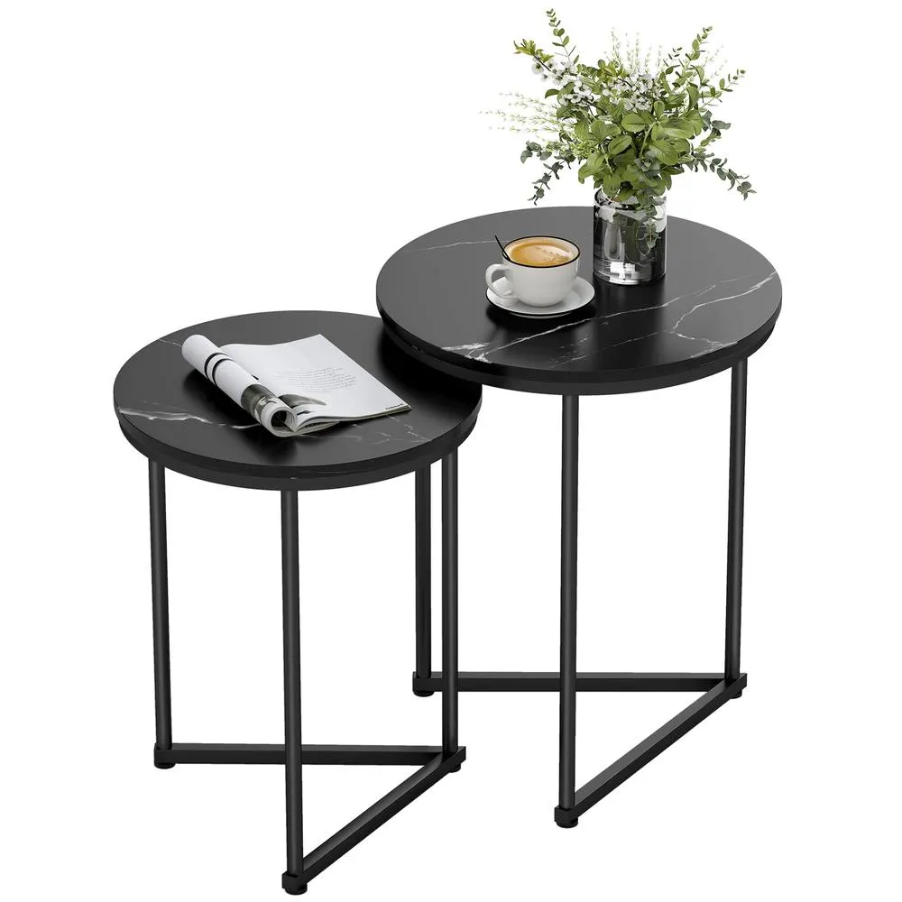 HOMCOM Nesting Coffee Table Set of 2 with Metal Frame, Black Marble Effect 2