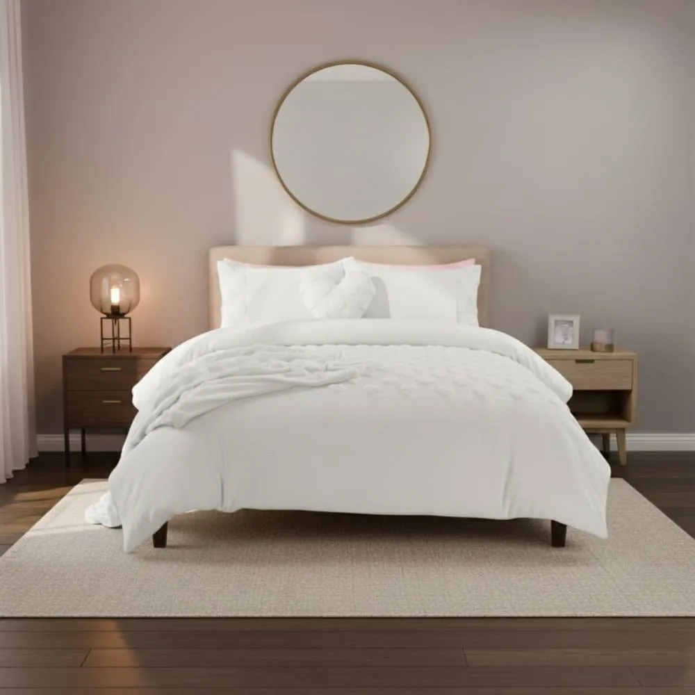 Snug City Super Soft Teddy Duvet Cover Set Heart Embossed Cozy Fleece Bedding in White
