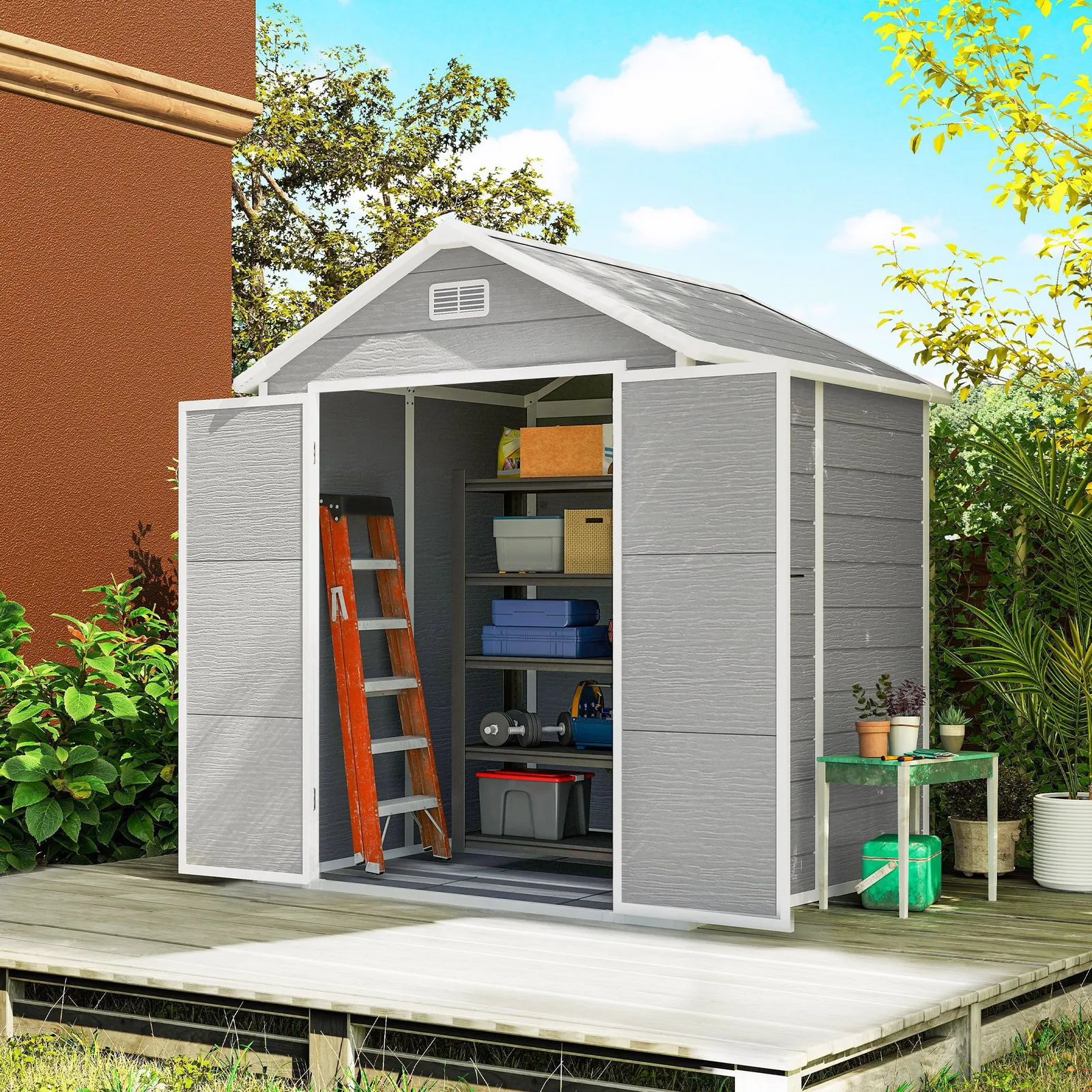 OUTSUNNY 6 x 5ft Resin Garden Shed with Floor & Window, Dark Grey