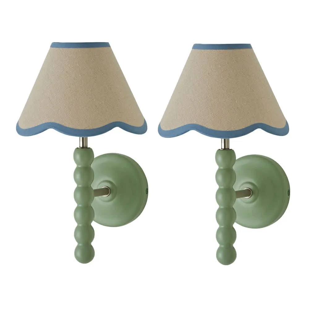 ValueLights Bobbins Pair of Green Wall Lights & Linen Pastel Trim Lamp Shades in Pale Blue 1