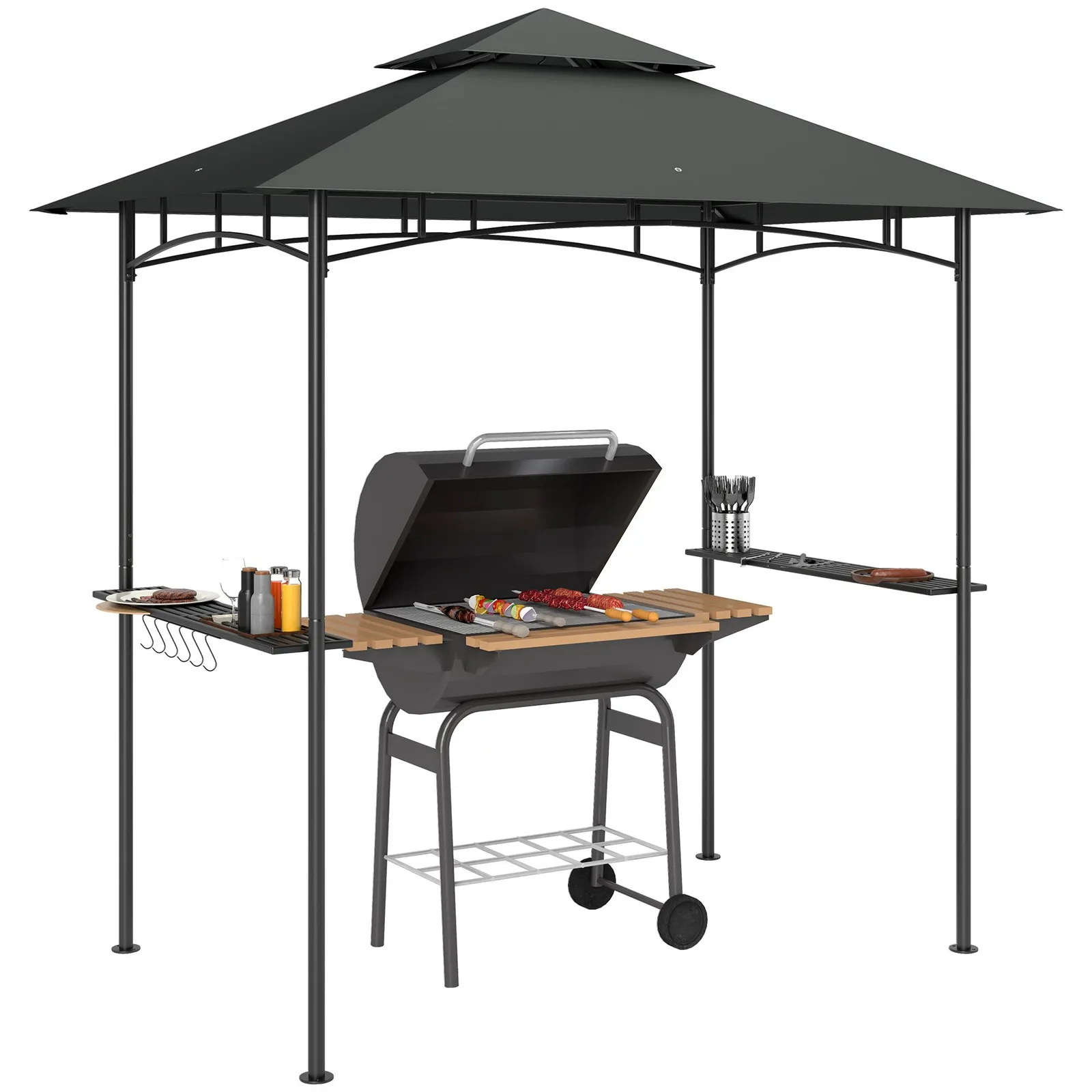 OUTSUNNY 8' x 5' Double Tiered BBQ Gazebo Shelter with LED Lights in Dark Grey 2