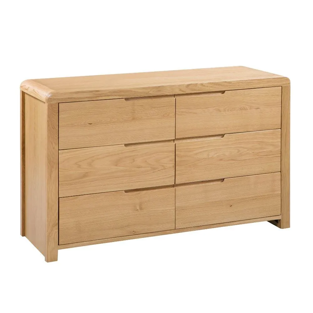 Curve - 6 Drawer Wide Chest - Oak - Wooden - Happy Beds 1