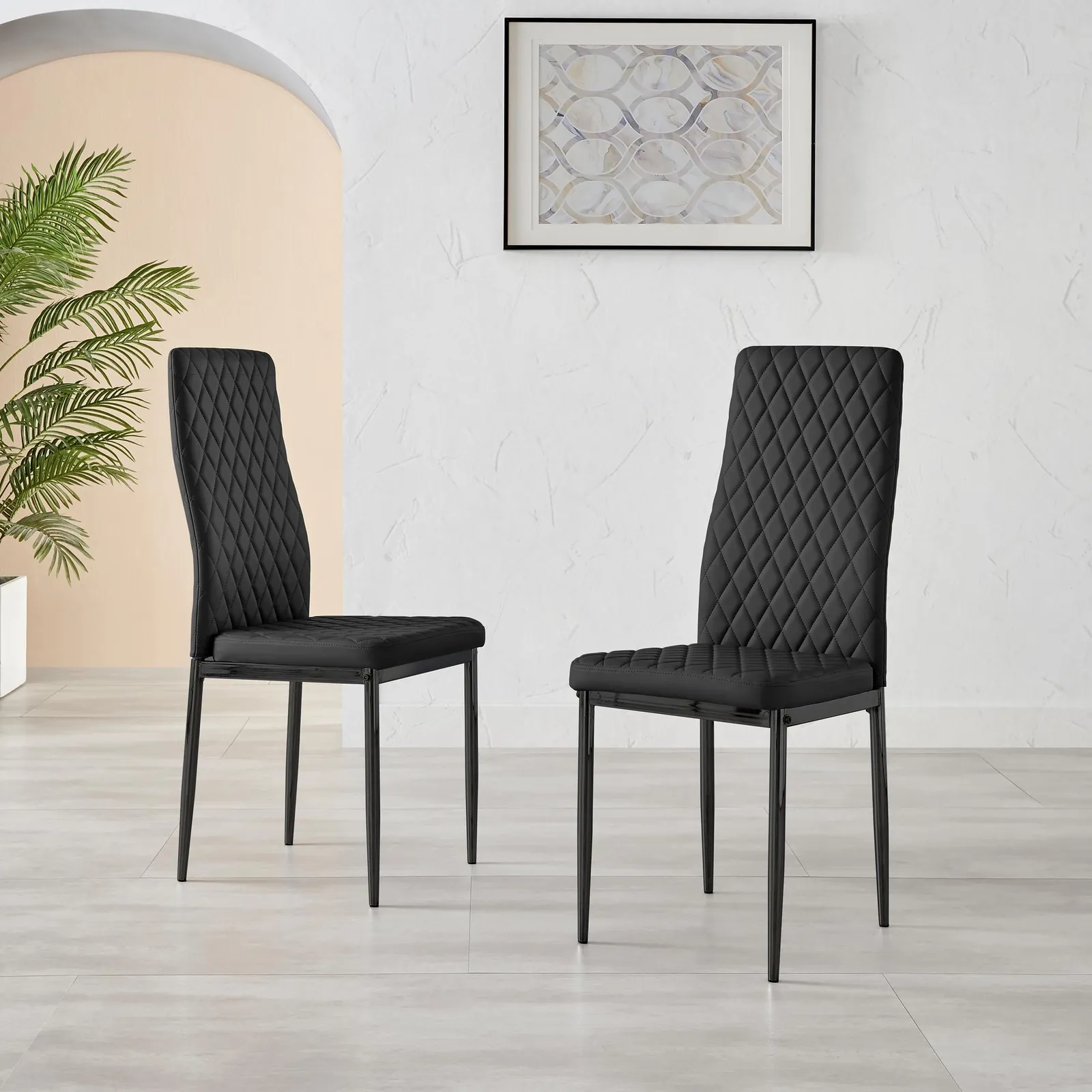 FurnitureboxUK Set of 6 Milan High Back Soft Touch Diamond Pattern Faux Leather Dining Chairs With Black Powder Coated Metal Legs 2