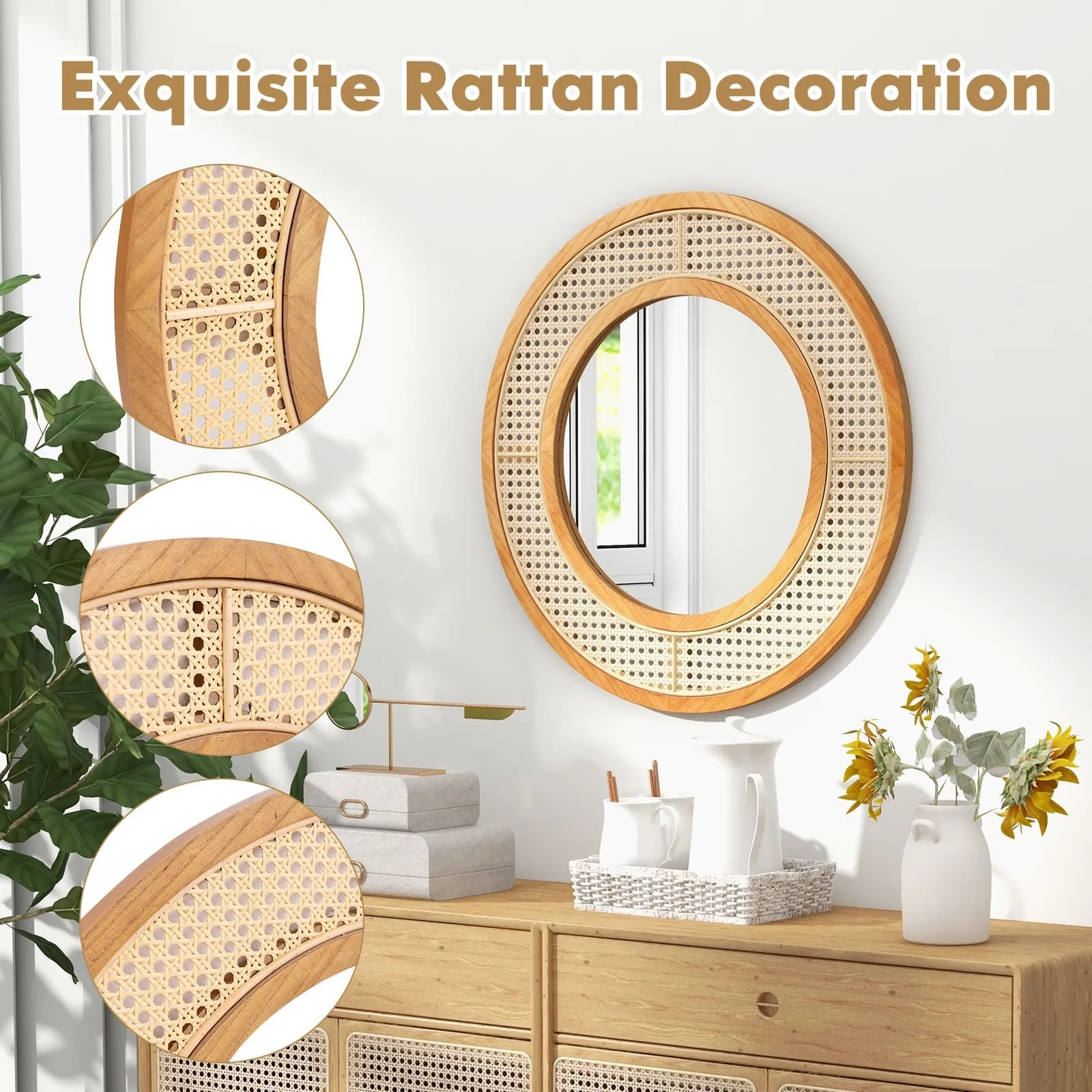 Costway Rattan Round Wall Mirror 65 cm Wooden Framed Mirror in Natural 4