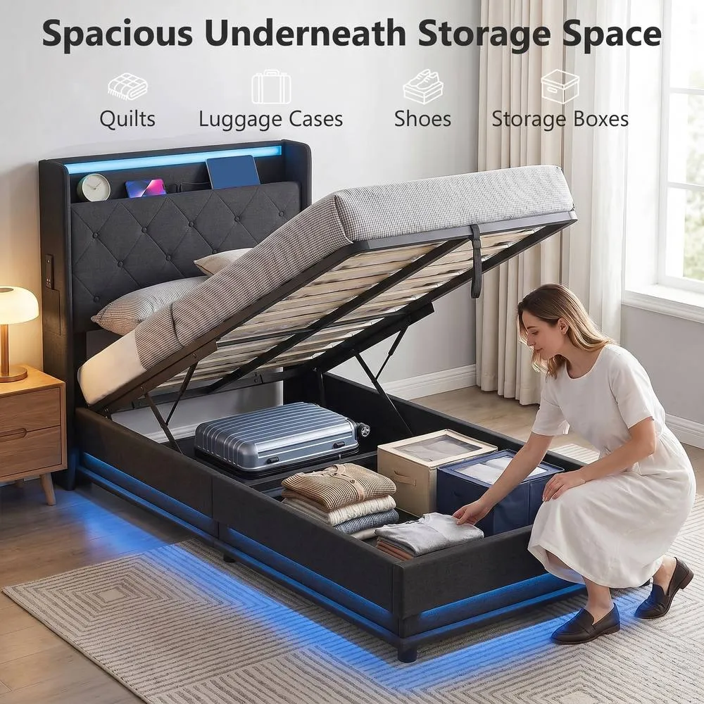 HOMCOM Lift up Storage Bed Frame with RGB LED Lights, 90 x 190cm, Black 4