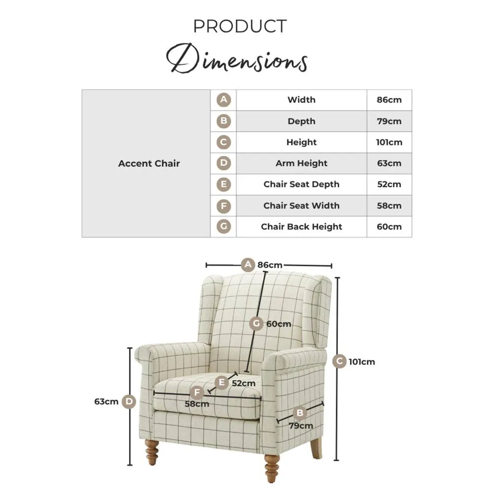 FurnitureboxUK Maisette Cream Check Fabric Wingback Accent Armchair 2