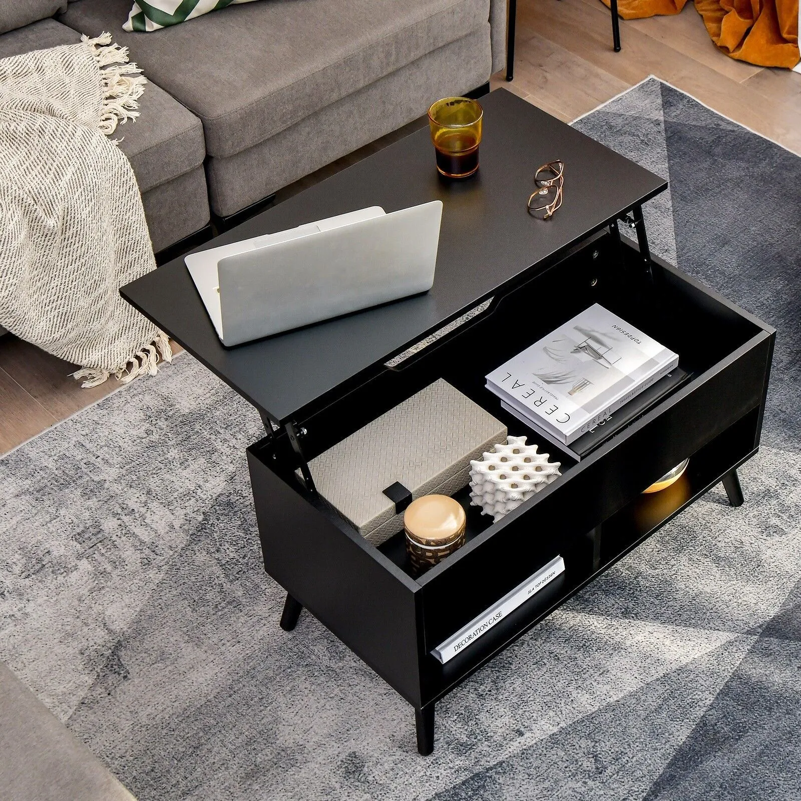 Costway Lift Top Coffee Table Modern Wooden Lift Top Dining Cocktail Table Living Room in Black 5