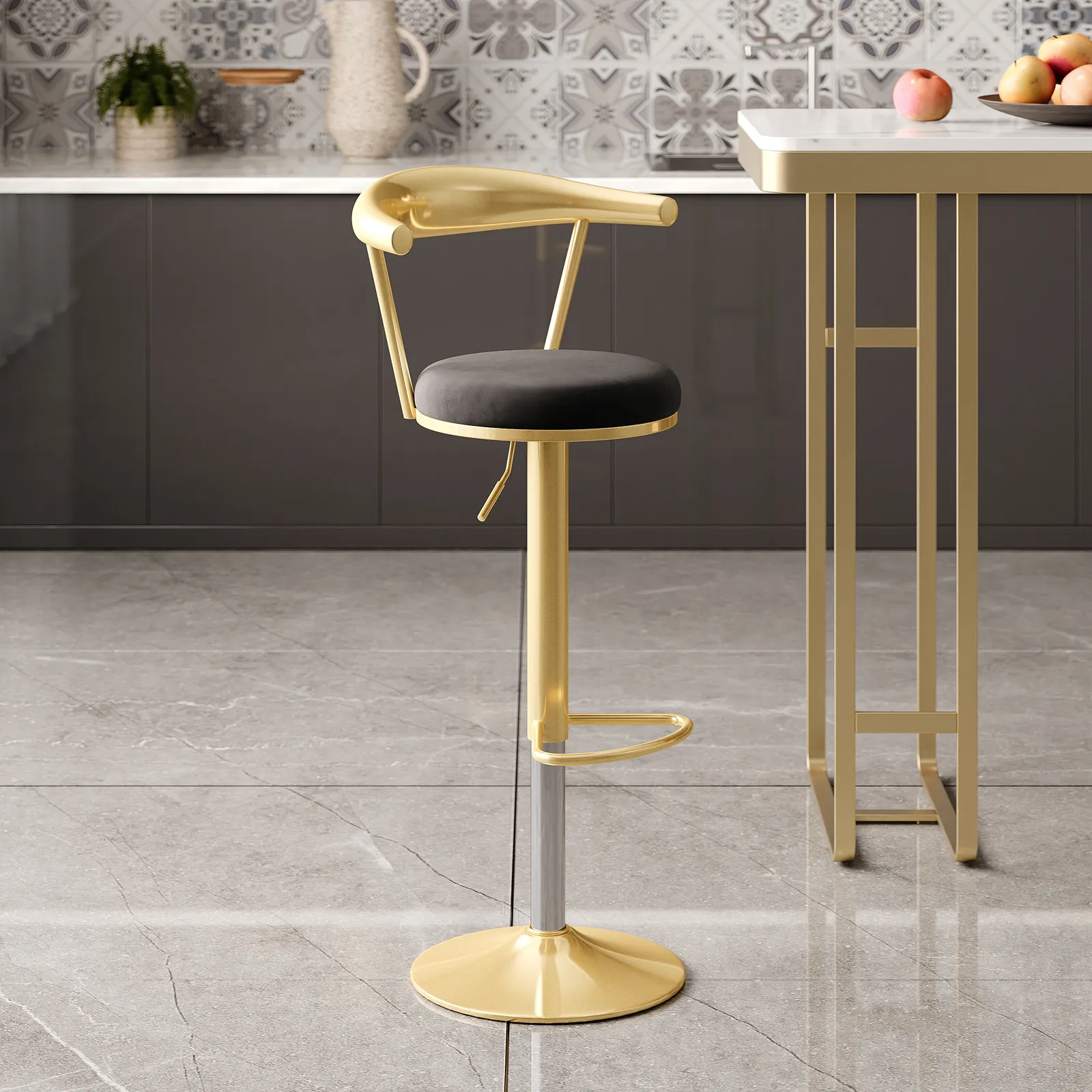 Modern Black Swivel & Adjustable Bar Height Stool with Backrest & Velvet Upholstery