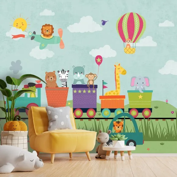 Kids Animal Party Train Wall Mural 1