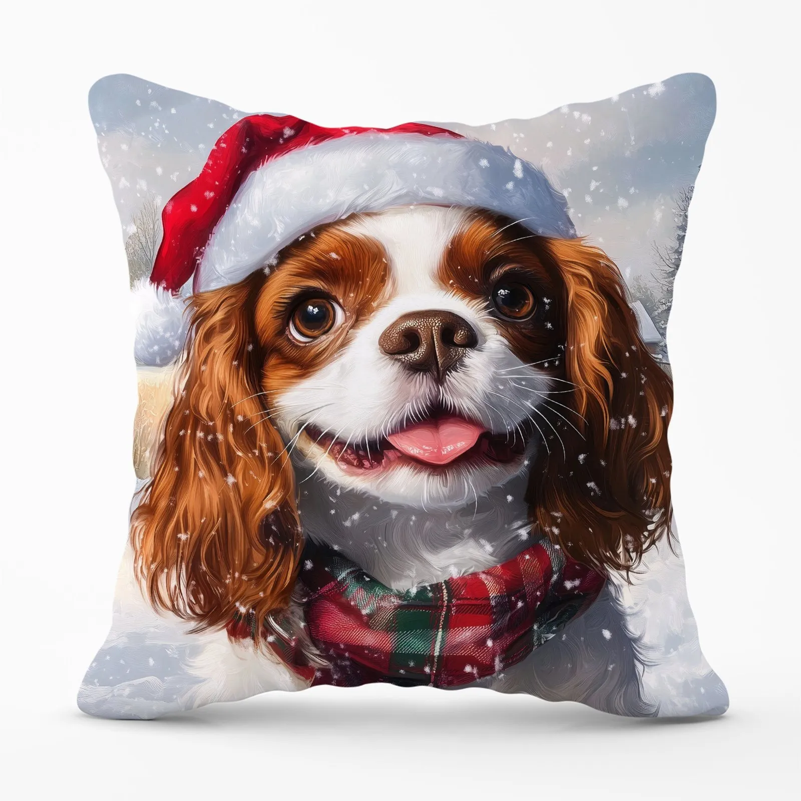Warren Reed - Designer Snowy Christmas Cavalier King Charles Spaniel Cushion in Brown