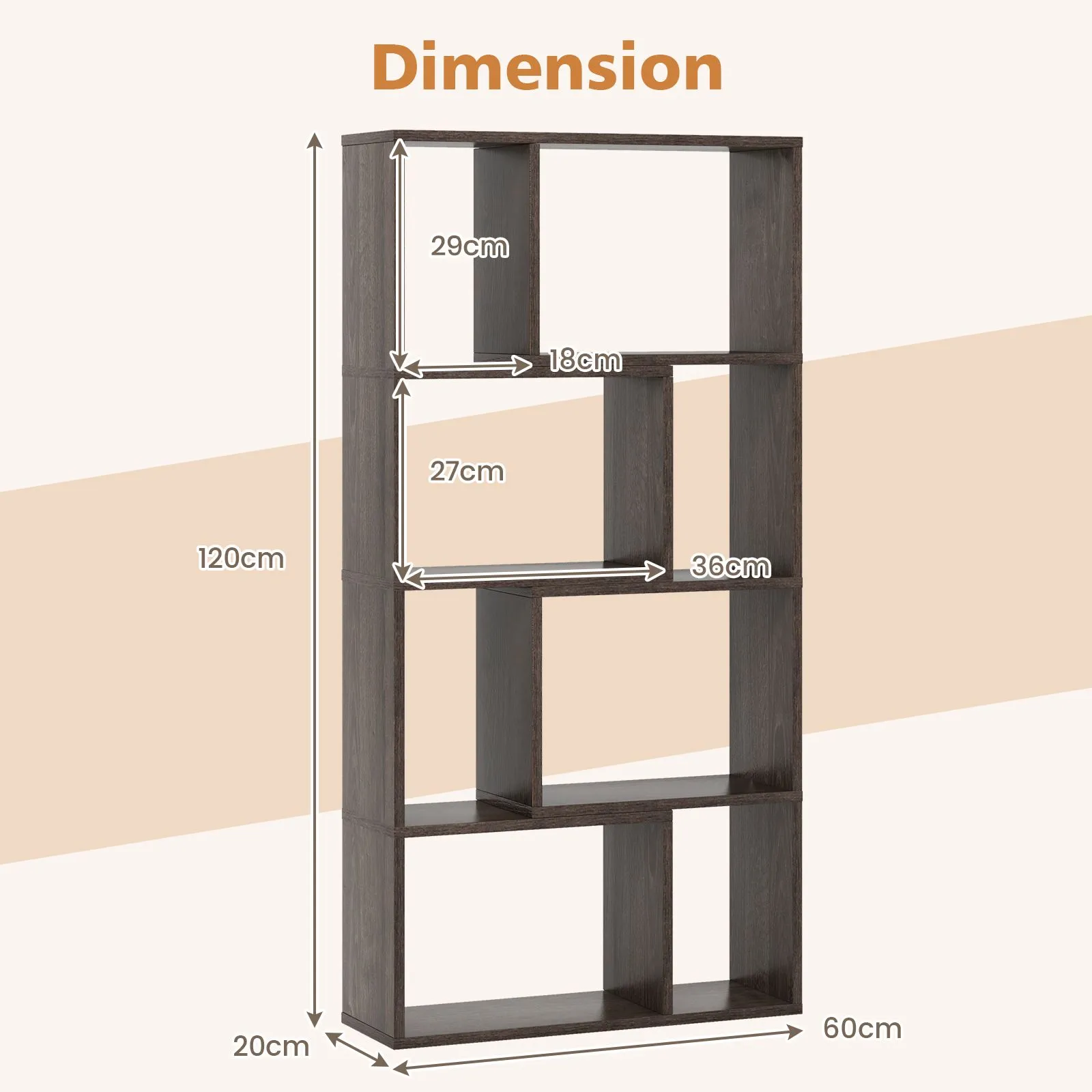 Costway 5-Tier Geometric Bookshelf 120 CM Tall Bookcase Modern 8-Cube Display Shelving in Grey 2