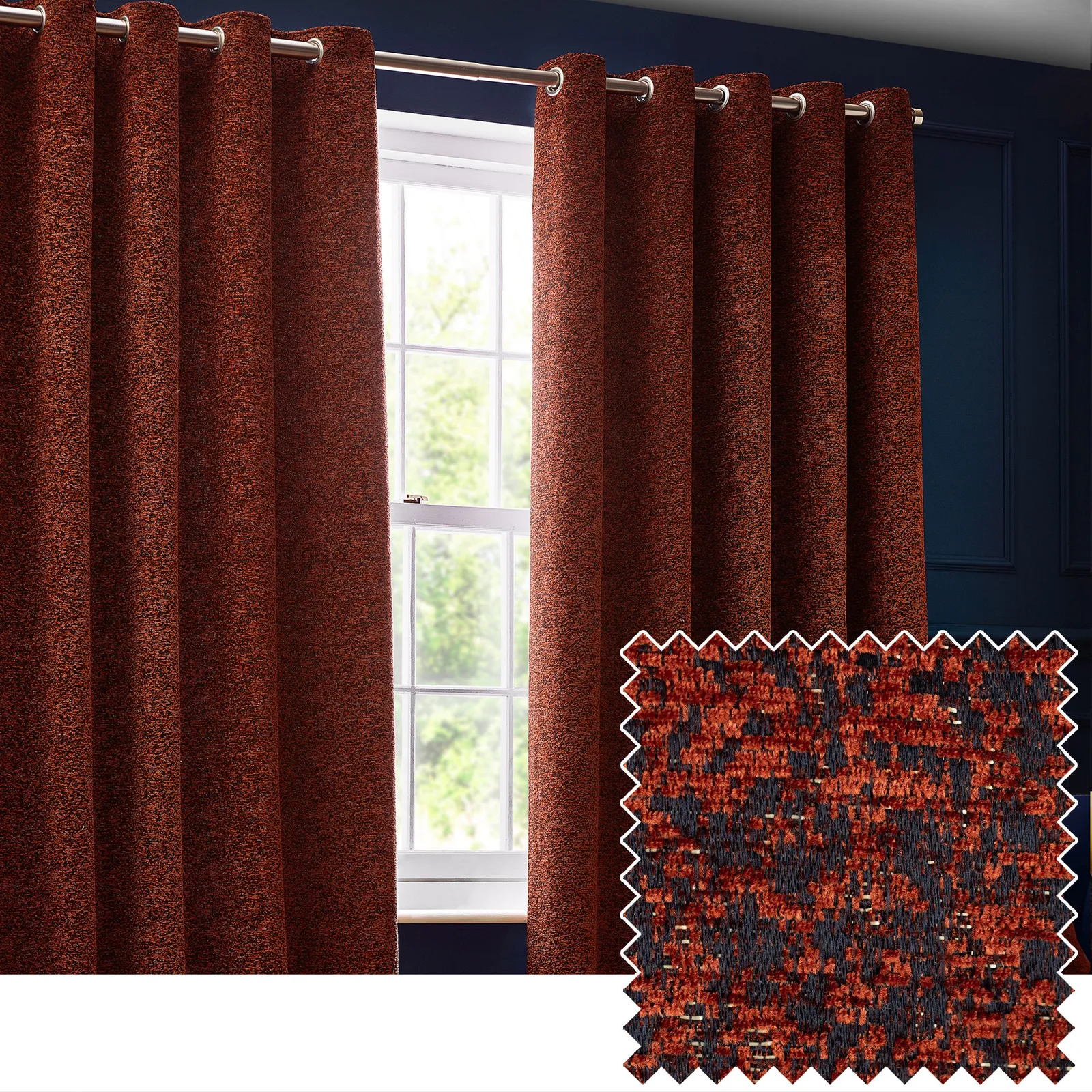 Paoletti Galaxy Velvet Chenille Eyelet Curtain Pair in Copper 1