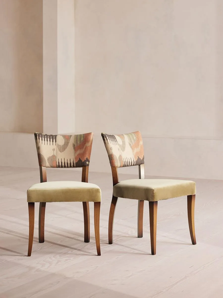 Pair of Molina Dining Chairs, Ikat Linen and Velvet, Lichen