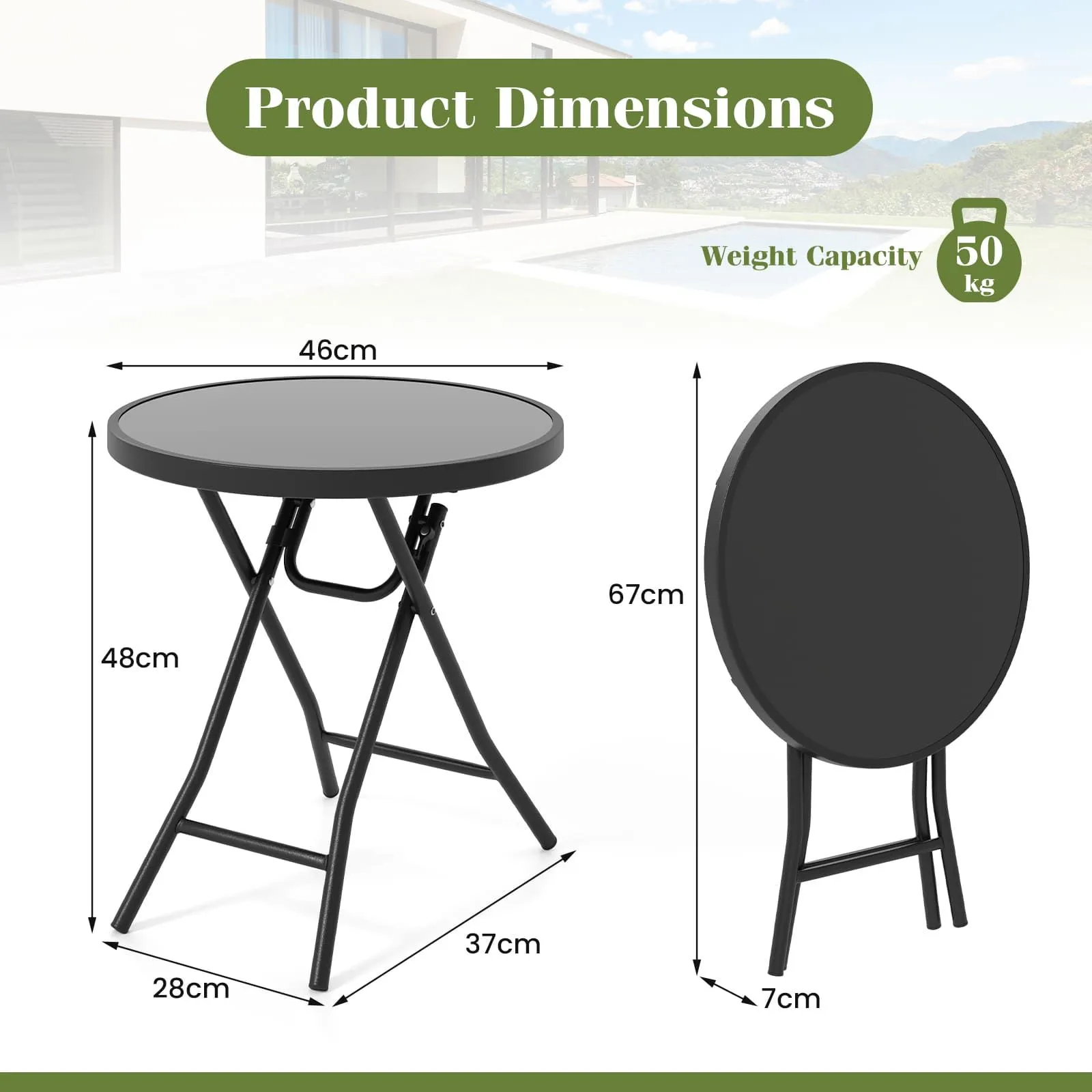 Costway Folding Glass Table Portable Patio Coffee Table w/Footpads-Black in Black 2