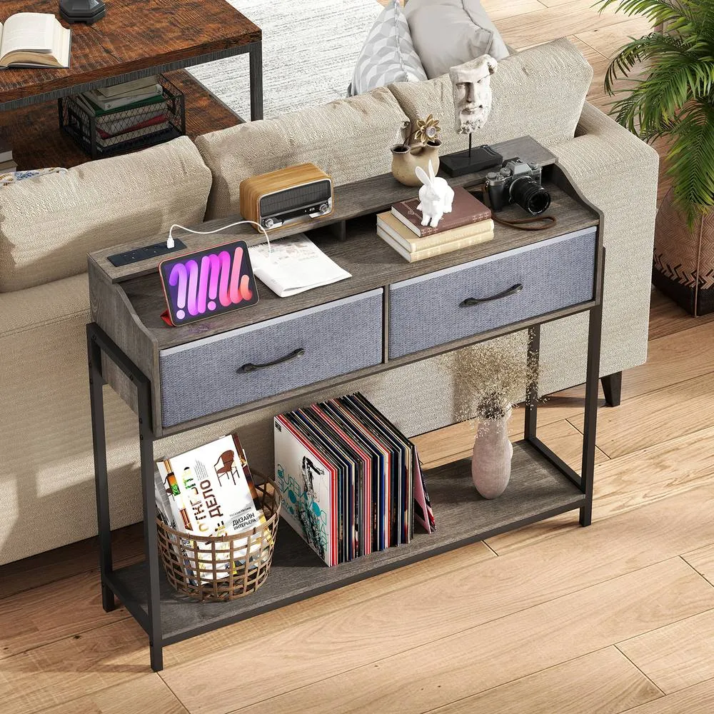 Costway Console Table w/Charging Station & Shelves 110cm Narrow Entryway Table in Grey 3