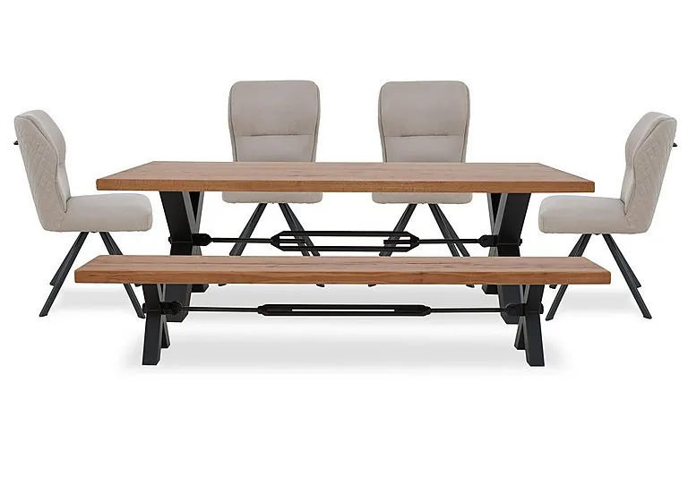 Terra Straight Edge Dining Table with Tension Bolt X-Leg, Bench and 4 Taupe Fabric Swivel Chairs - 220-cm - Storm Wood