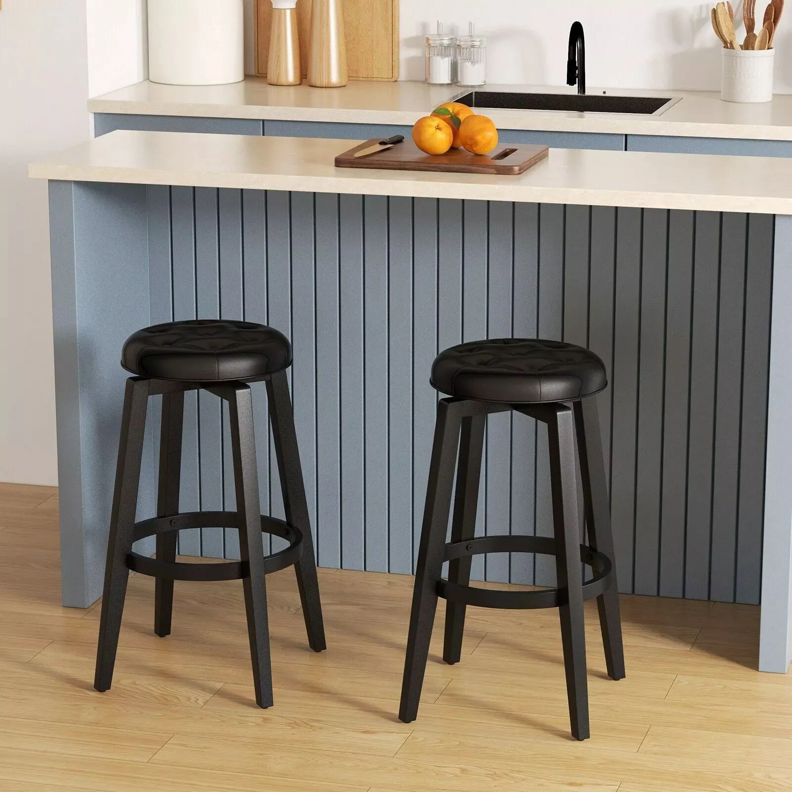 Costway Set of 2 Bar Stools Kitchen Upholstered Chair 360 Swivel Pub Stool 76cm in Black 3