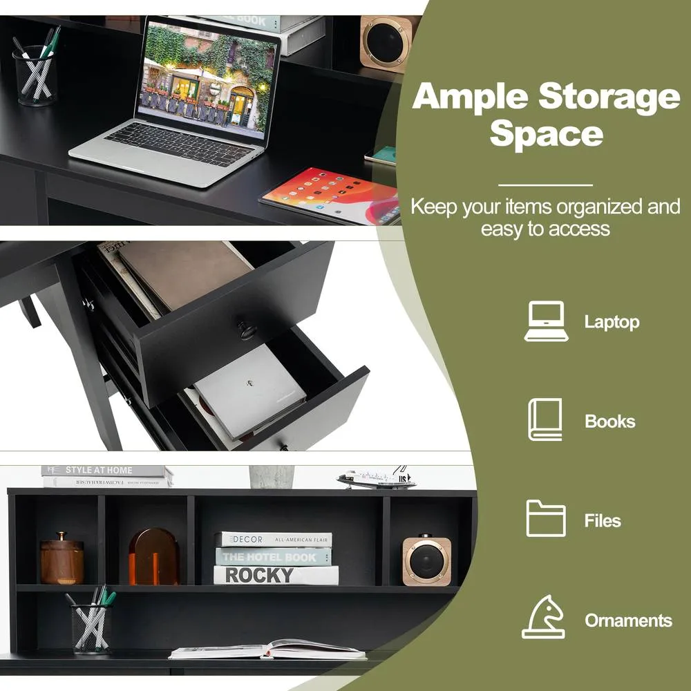 Costway Computer Desk 120 CM Writing Desk with Power Outlets & Drawers in Black 5