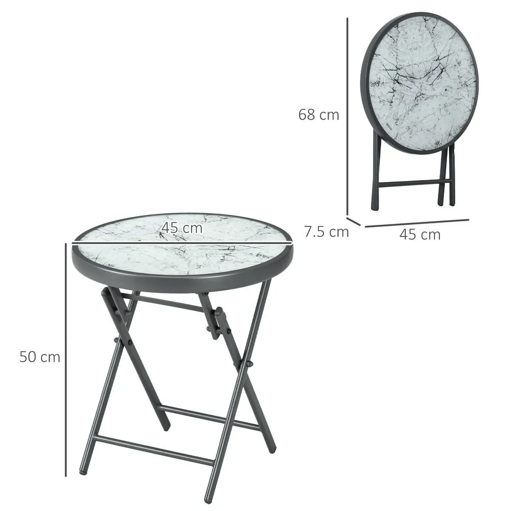 OUTSUNNY Round Folding Side Table w/ Imitation Marble Glass Top in White 3