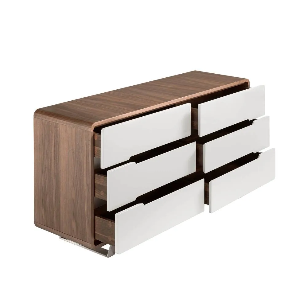 Angel Cerda 6-Drawer Chest Walnut Veneer, White MDF & Chrome Legs in Brown 6