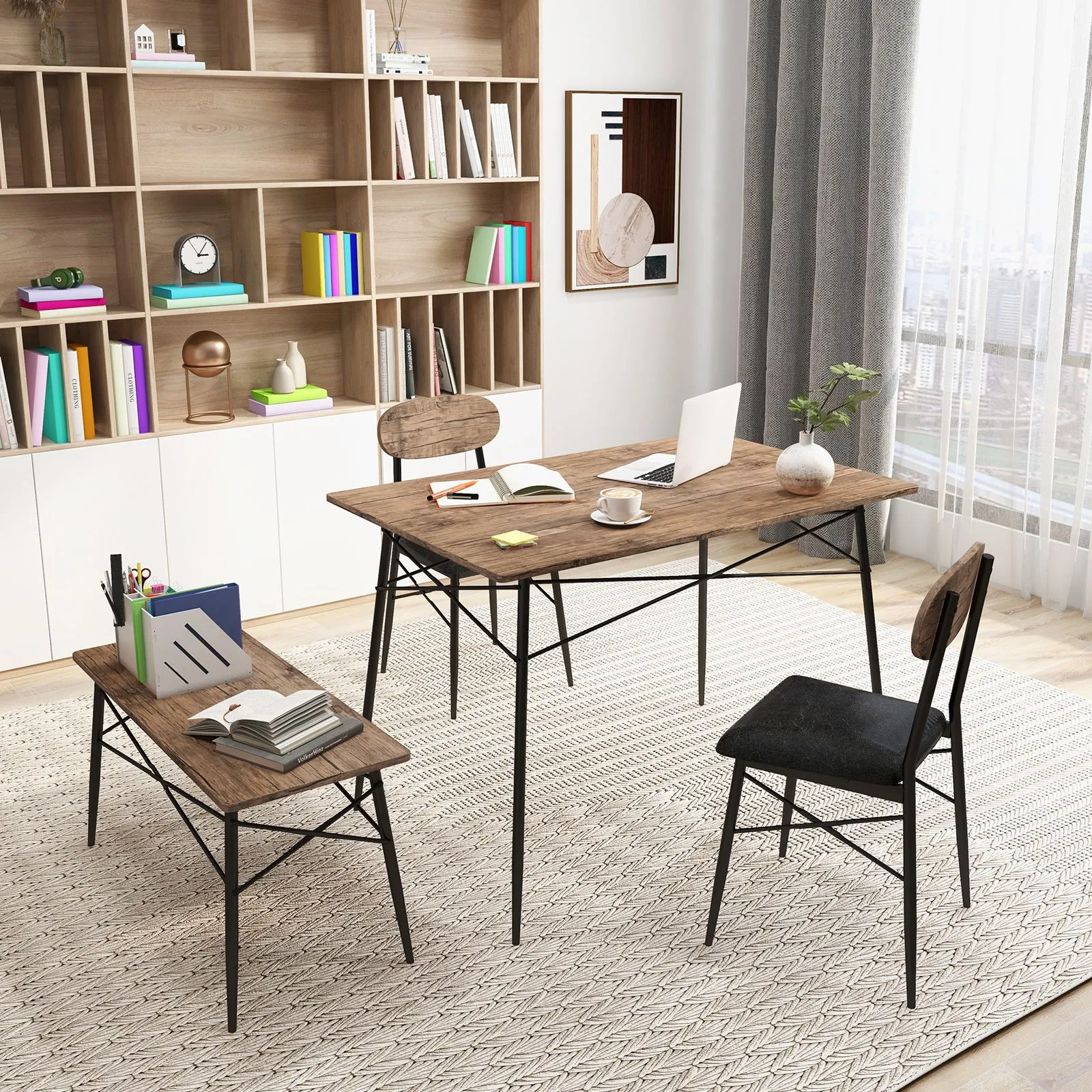 Costway 4 Pcs Dining Table Set Rectangular Kitchen Table w/ Bench & 2 Upholstered Chairs in Brown 3