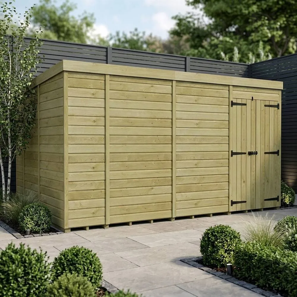Buttercup Farm 14ft x 9ft Pent Garden Shed Double Door No Windows - Timber in Brown 2
