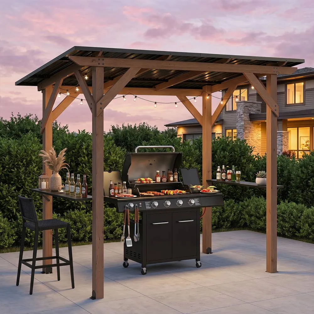 Costway Grill Gazebo Cedar Wood BBQ Gazebo with 2 Side Serving Shelves in Brown 4