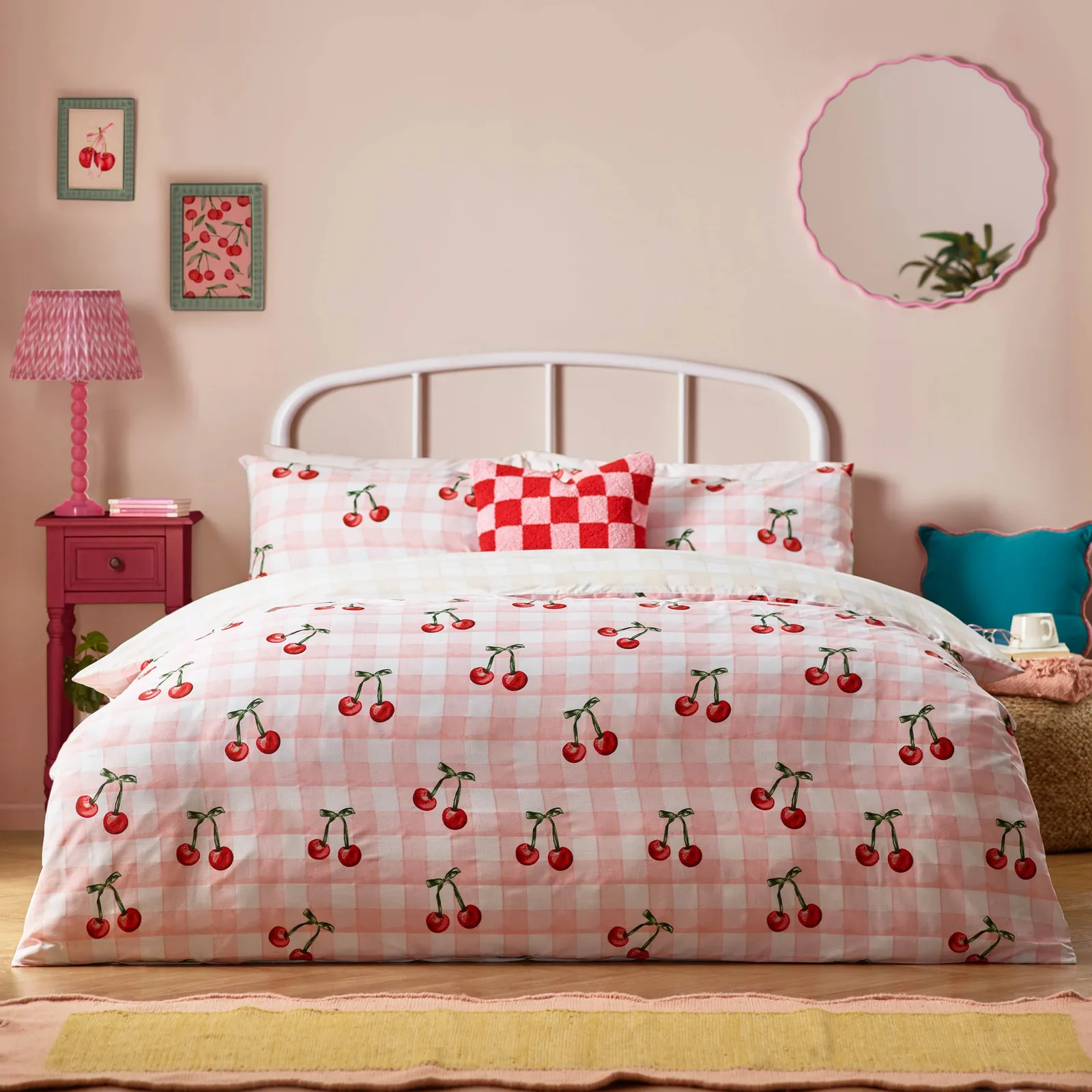 Heya Home Cherry Gingham Printed Duvet Cover Set in Pink