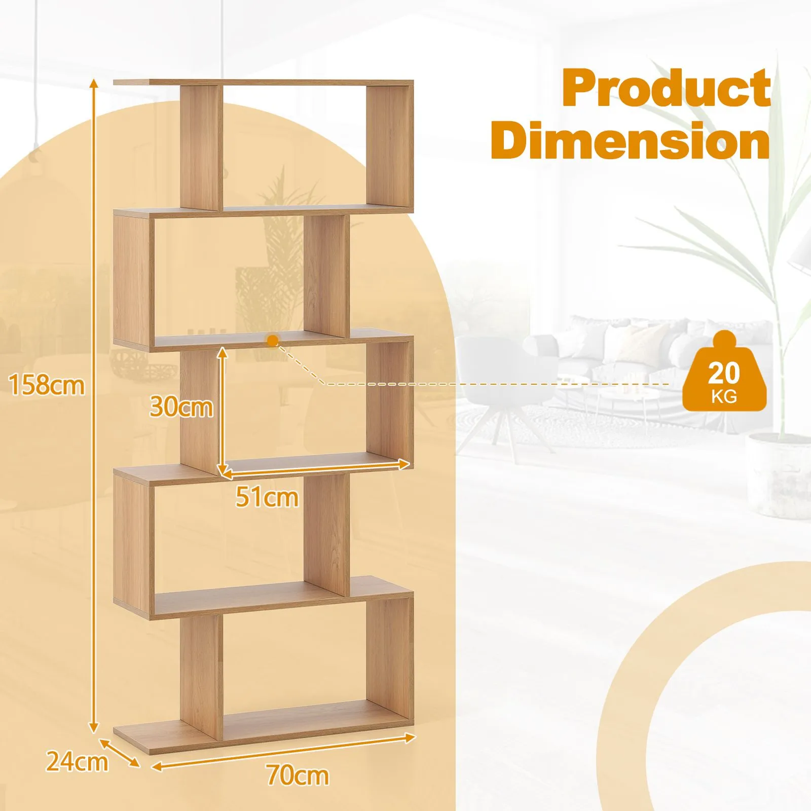 Costway 5-Tier Bookshelf Geometric S-Shaped Bookcase in Natural 2