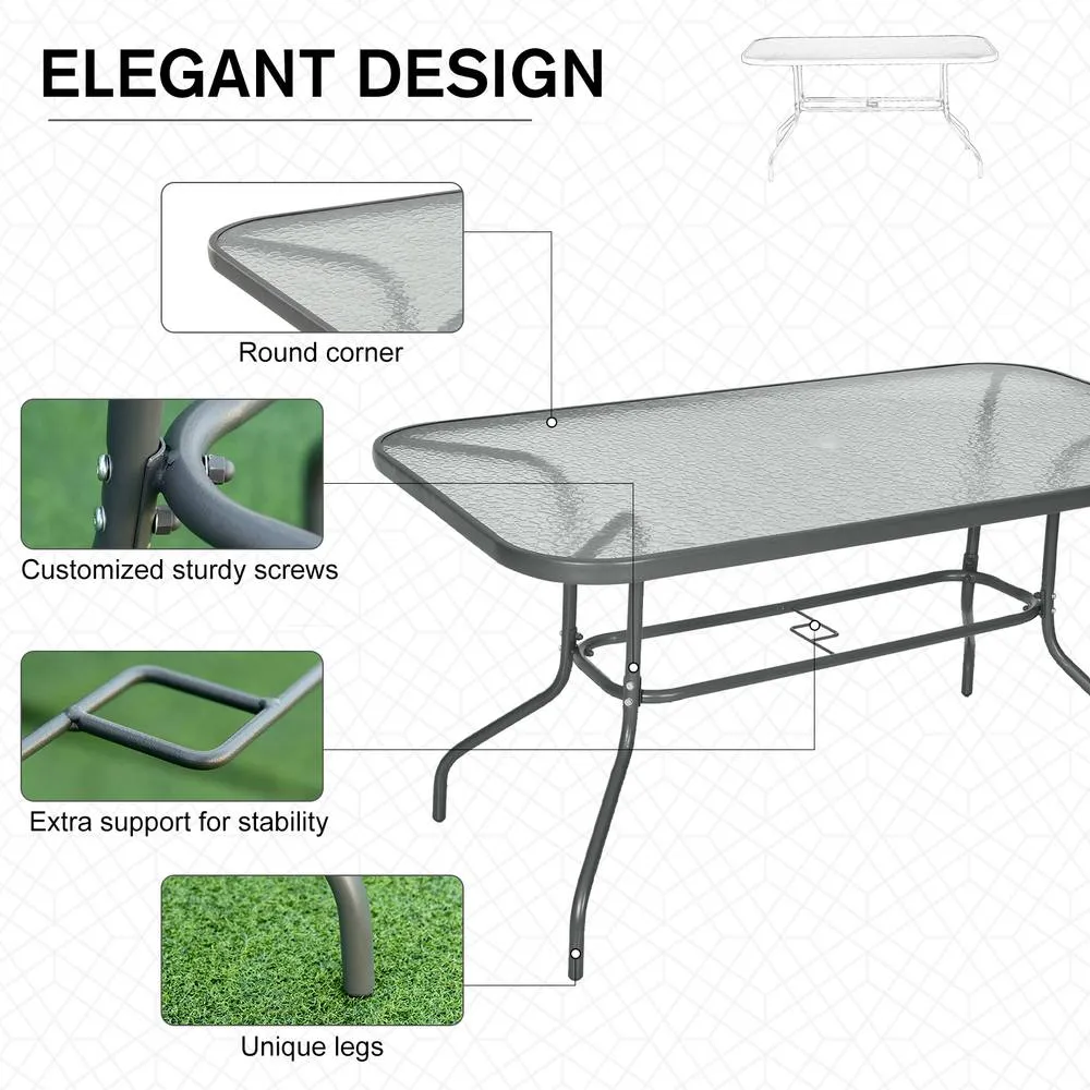 OUTSUNNY Garden Dining Table Glass Top Metal Frame with Parasol Hole in Grey 6