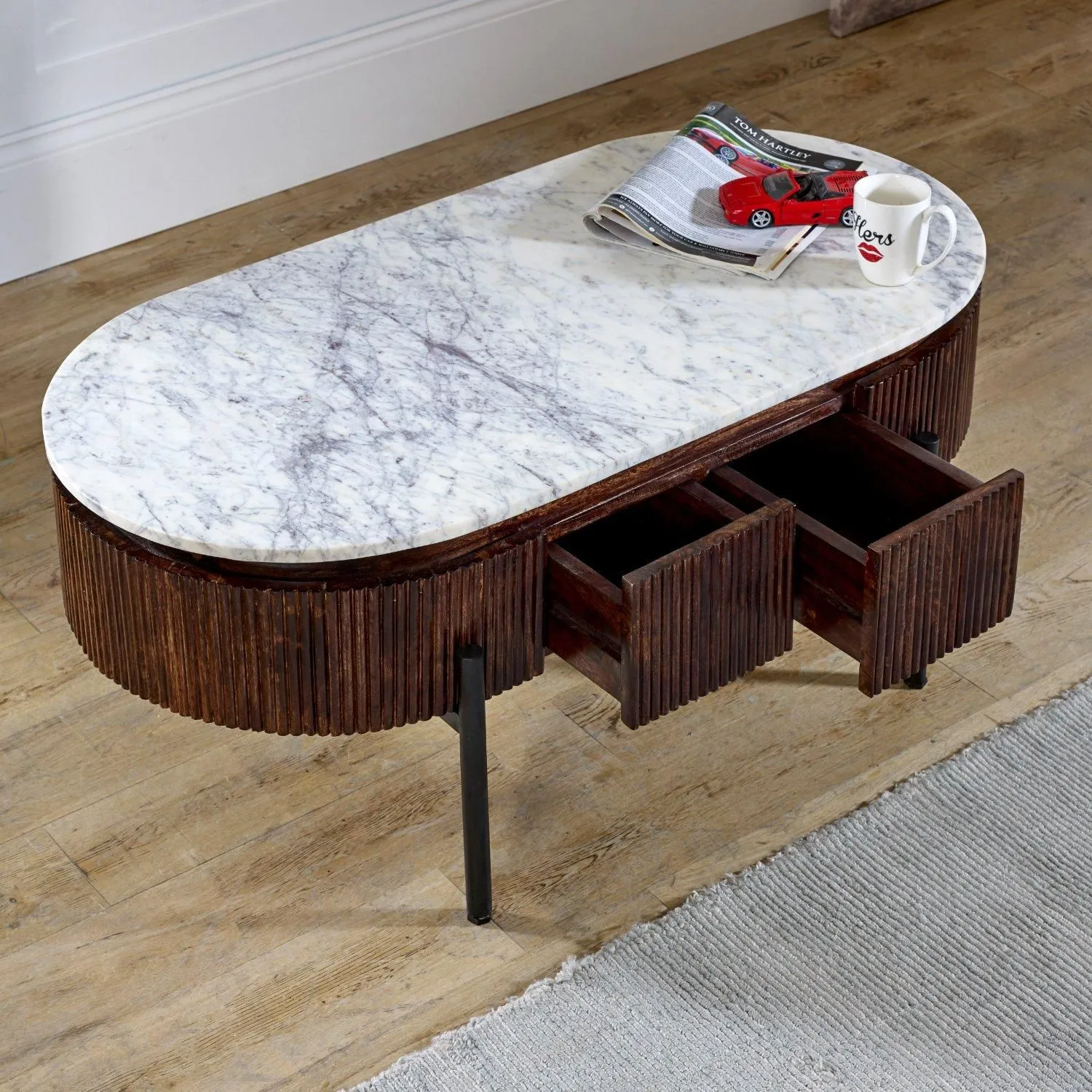 IH Design Tilden Marble & Mango Wood Rectangular Fluted Coffee Table in White 4