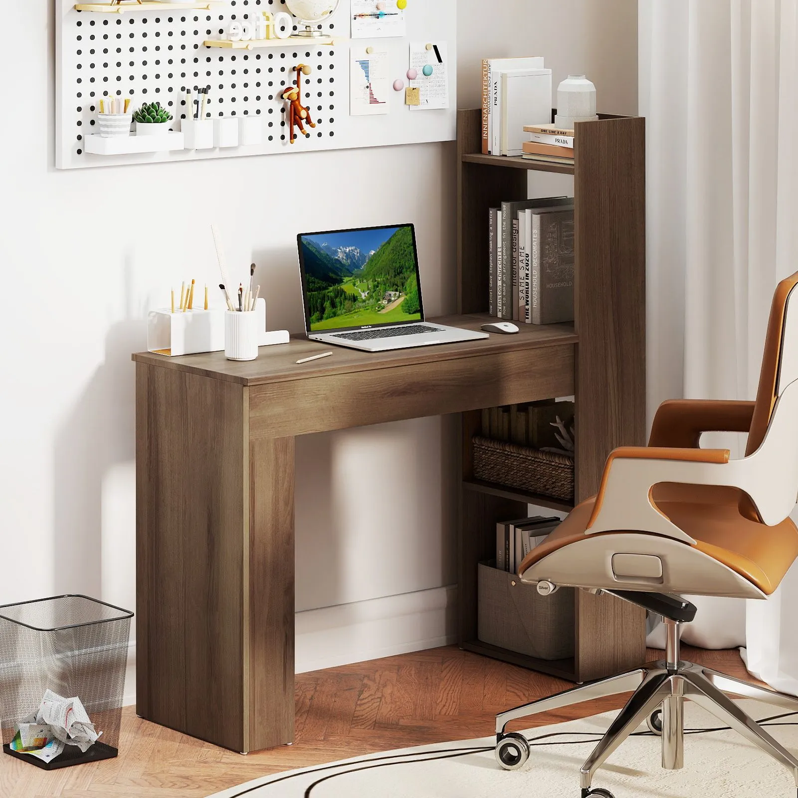 Costway Home Office Desk 110 CM Study Writing Table with Bookshelf in Light Oak