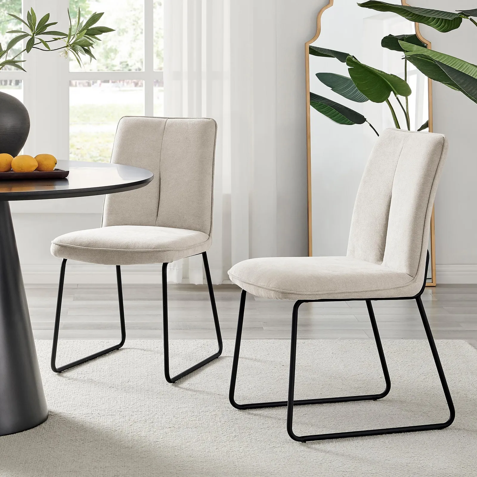FurnitureboxUK Set of 2 Modern Chic Deep Padded Soft & Durable Stitched Fabric & Black Powder Coated Metal Leg Dining Chairs in Cream
