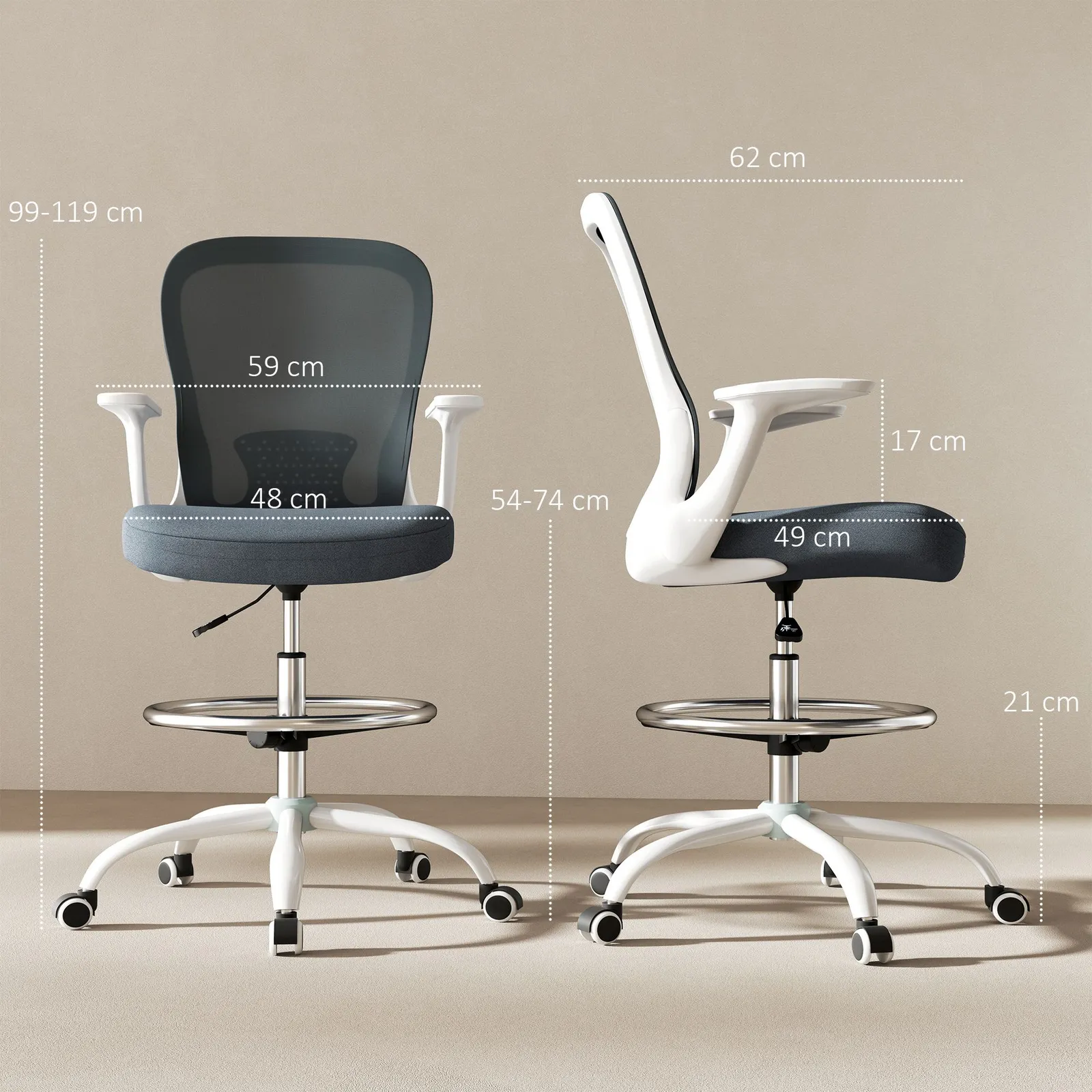 HOMCOM Mesh Draughtsman Chair, Ergonomic Drafting Chair in Grey 3