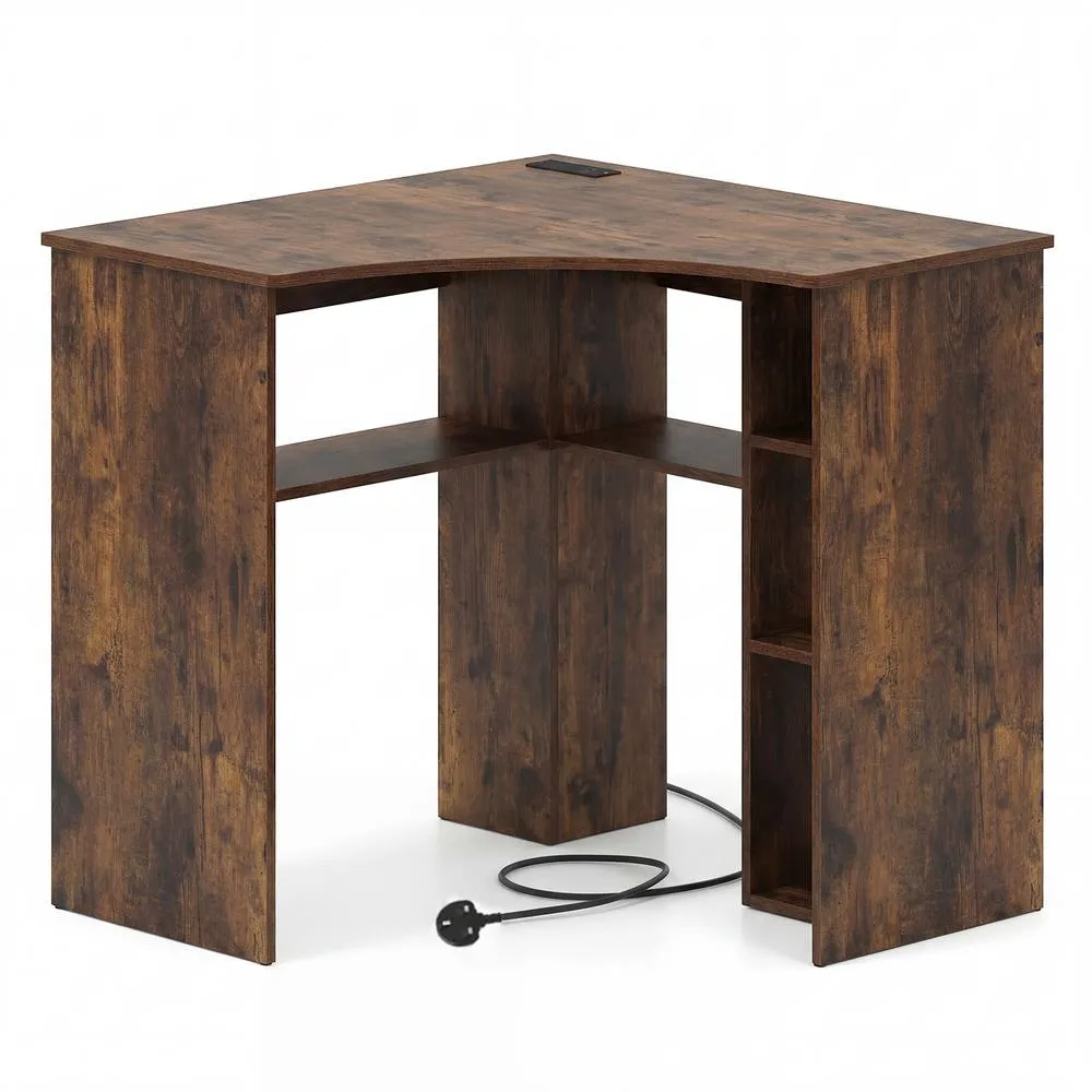 Costway Triangle Corner Computer Desk with Charging Station & Open Shelves in Brown 4
