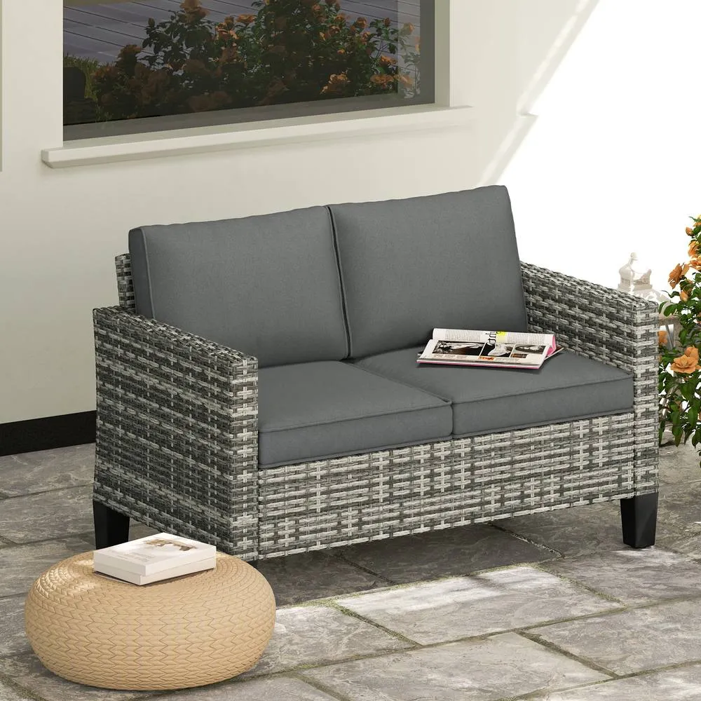 OUTSUNNY Rattan Sofa with Cushions, 2 Seater Garden Furniture in Light Grey