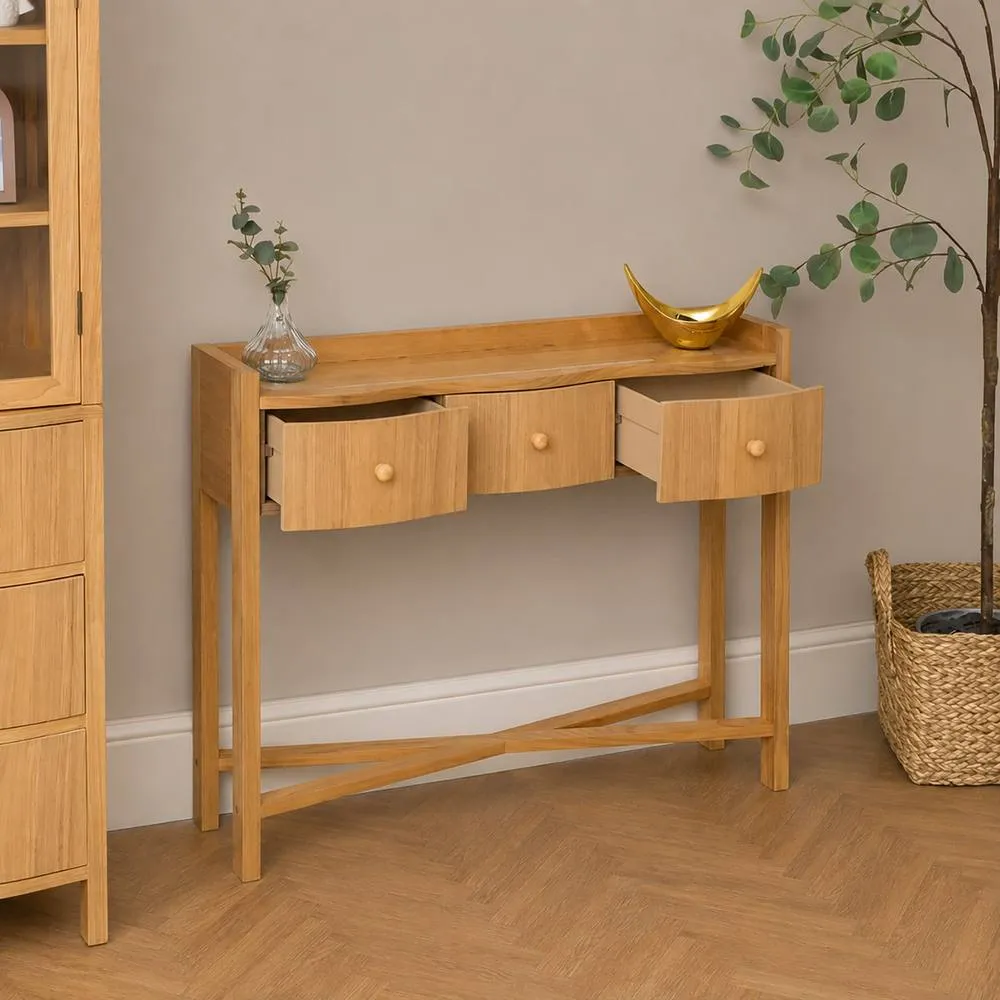 Melody Maison 3 Drawer Console Table With Hessian & Glass Top - Austin Wood Range in Brown 2