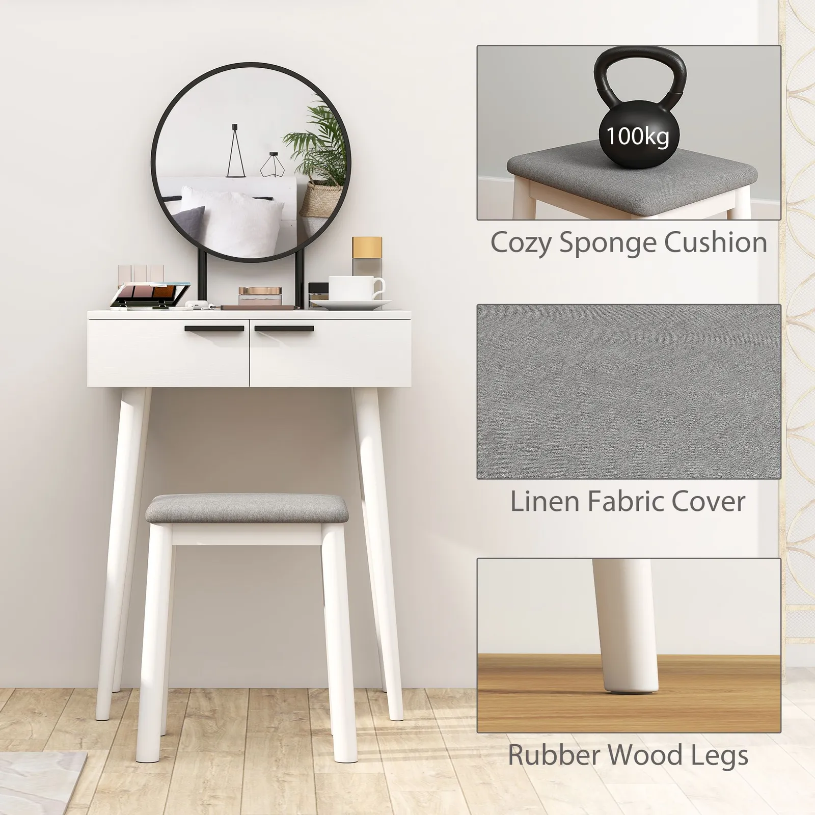 HOMCOM Dressing Table Vanity Set Make Up Desk with Mirror & Stool White 4