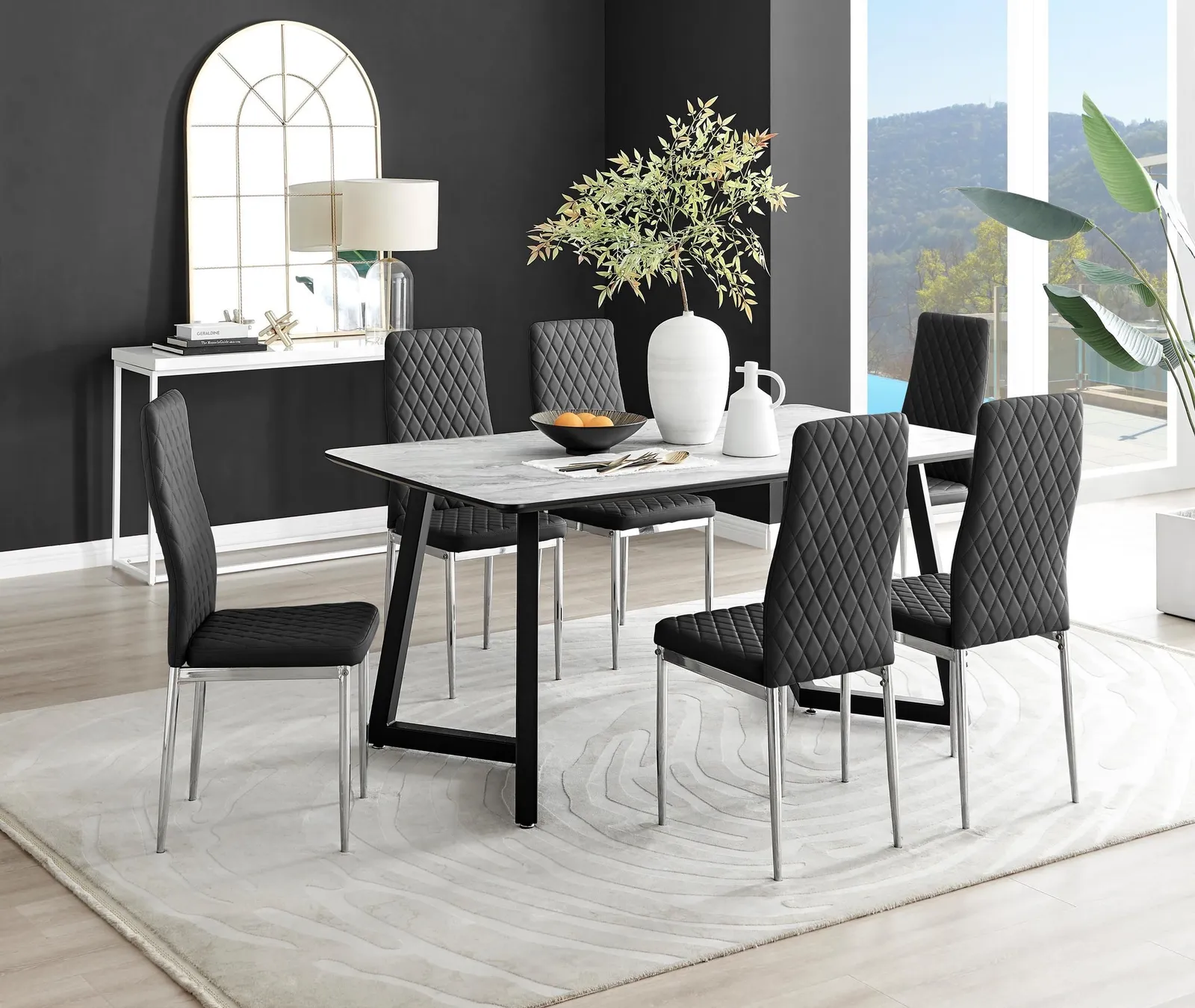 FurnitureboxUK Carson White Marble Effect Dining Table & 6 Milan Chrome Leg Chairs in Black 1