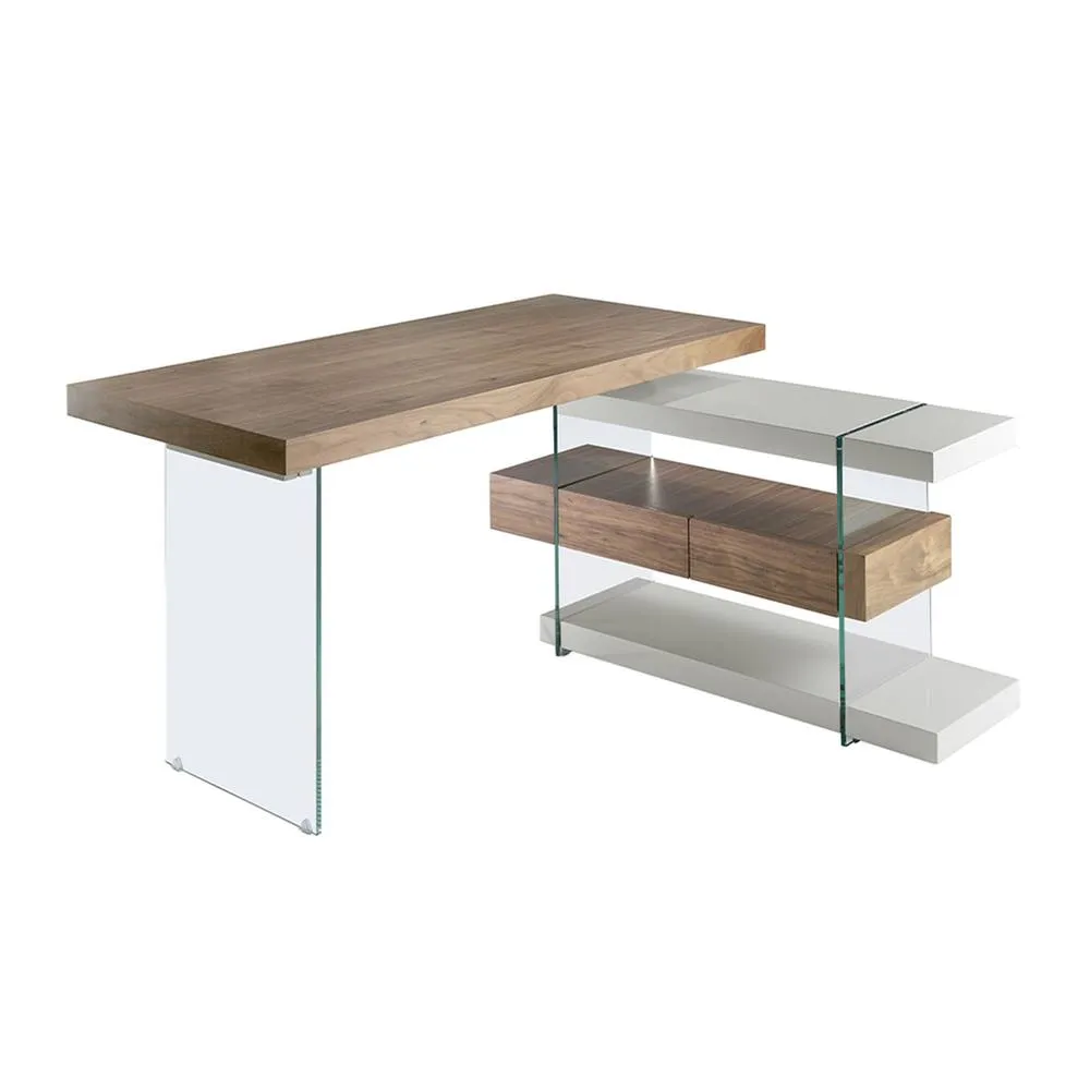 Angel Cerda Walnut-Veneer Writing Desk with Tempered Glass Legs in Brown