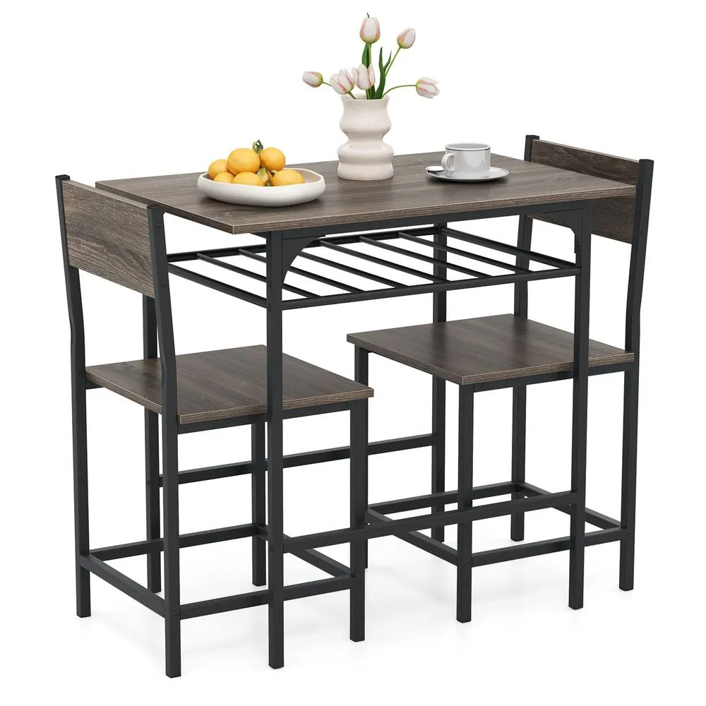 Costway Dining Table Set for 2 3-Piece Wood Rectangular Table & Chair Set w/ Metal Frame in Grey 6