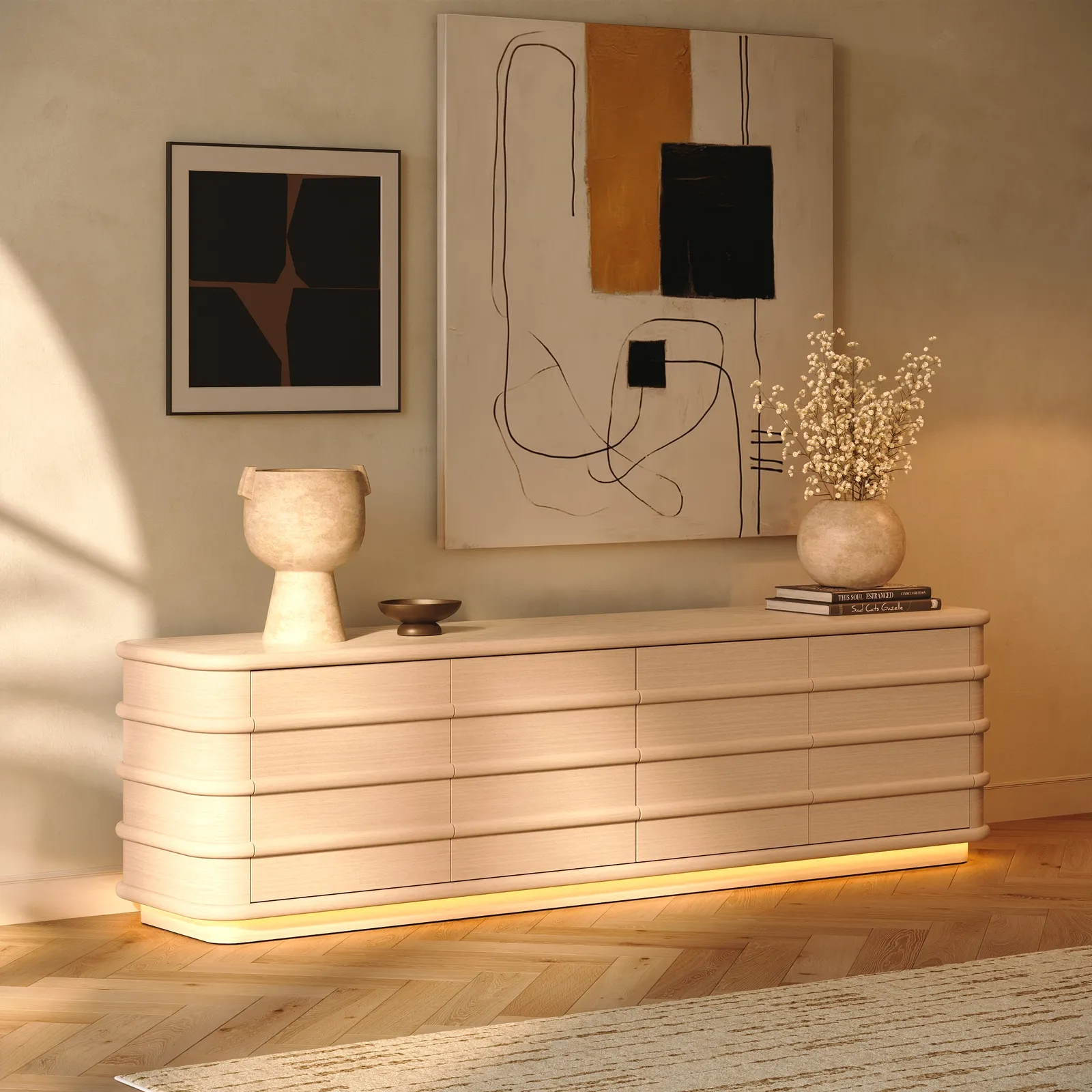 80-inch Ash Wood TV Stand with Sintered Stone Top